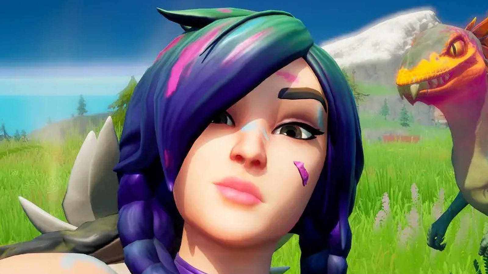 一個紫色頭髮的遊戲角色站在陽光普照的田野中，旁邊有一隻色彩繽紛的恐龍。