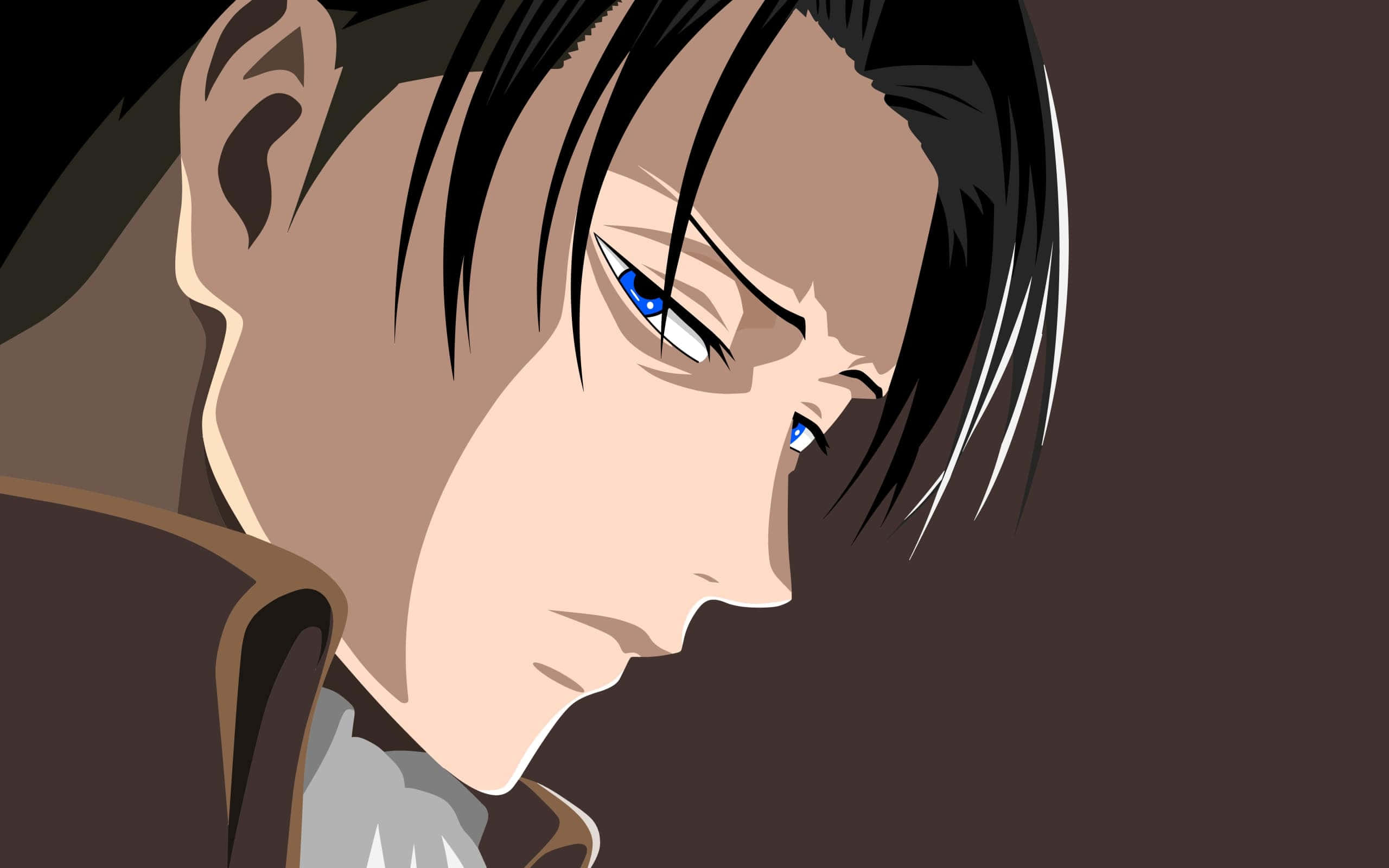 Levi Ackerman Desktop 桌布 壁紙 — 年輕男子嘅特寫動畫肖像，佢有強烈嘅藍色眼睛同黑色頭髮，喺柔和嘅棕色背景前向下望。