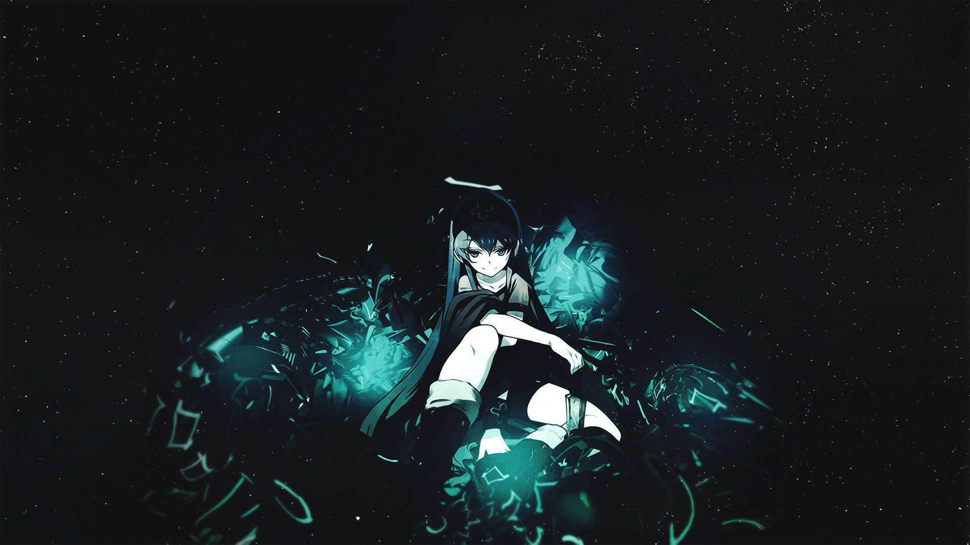 年輕的 Esdeath 壁紙 — 一個孤獨的動漫女孩，擁有發光的青綠色頭髮，坐在星空下漂浮的水晶碎片中。