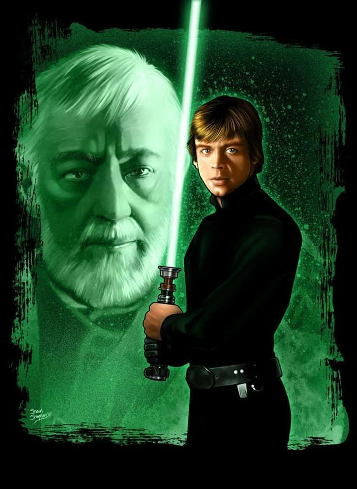 Return Of The Jedi 桌布 壁紙 — 年輕的Luke Skywalker手持發光的綠色光劍，身後有Obi-Wan Kenobi的半透明幽靈影像，背景為深綠色紋理。