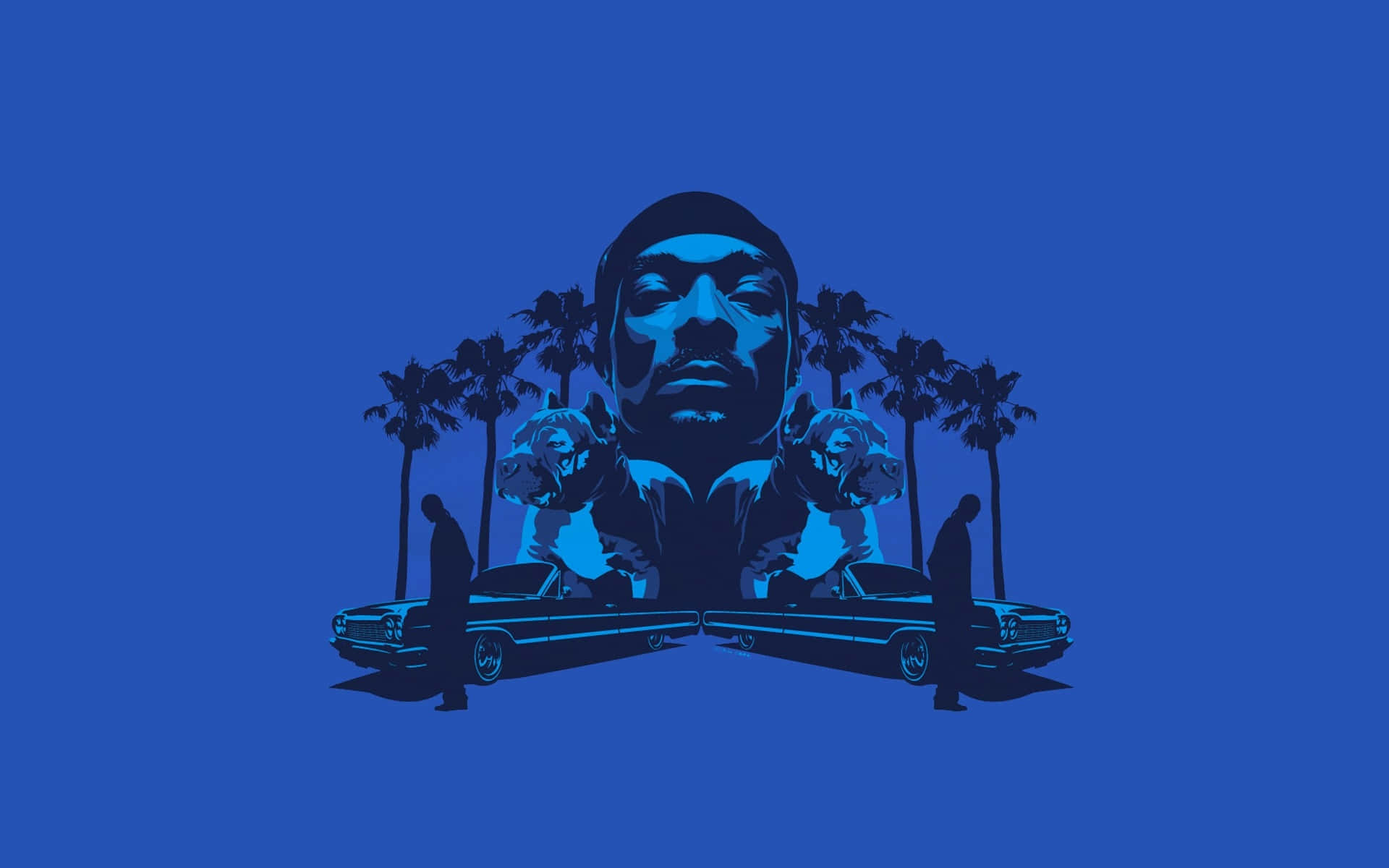 藍色插圖場景，包含男人的臉、棕櫚樹和帶有剪影人物的復古汽車。