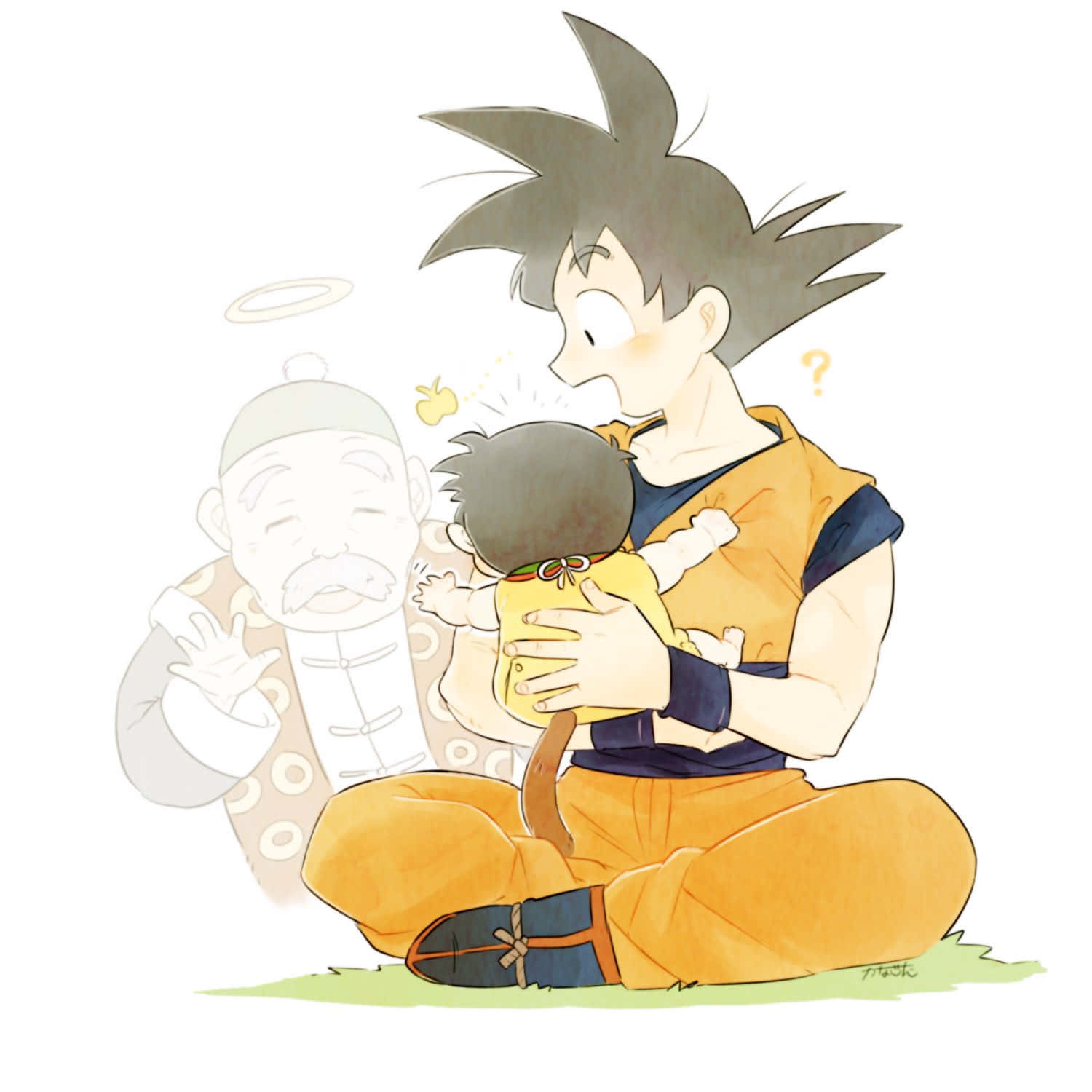 Grandpa Gohan 桌布 壁紙 — 年輕的悟空穿著橙色道服抱著一個嬰兒，身後有一個帶光環的幽靈老人揮手。