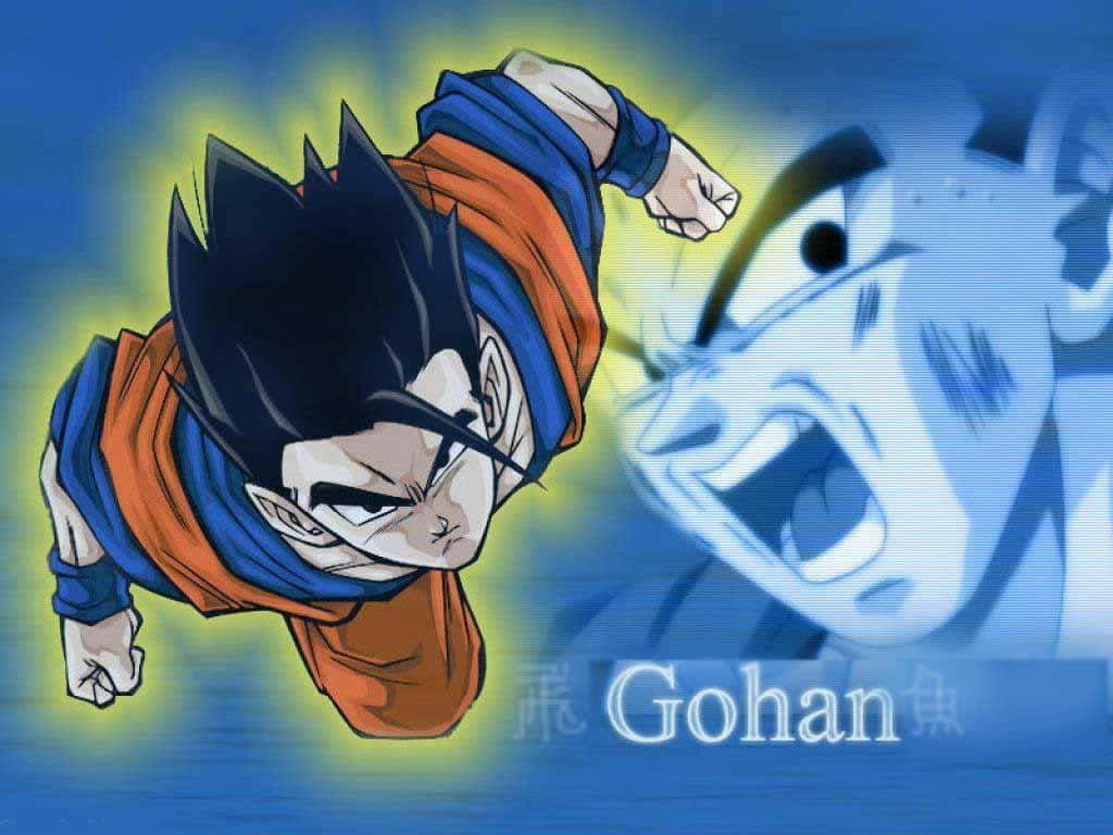 Mystic Gohan 桌布 壁紙 — 年輕的悟飯穿著橙色和藍色道服，帶著發光的氣場向前飛，而他憤怒的父親的臉龐在他身後隱現。