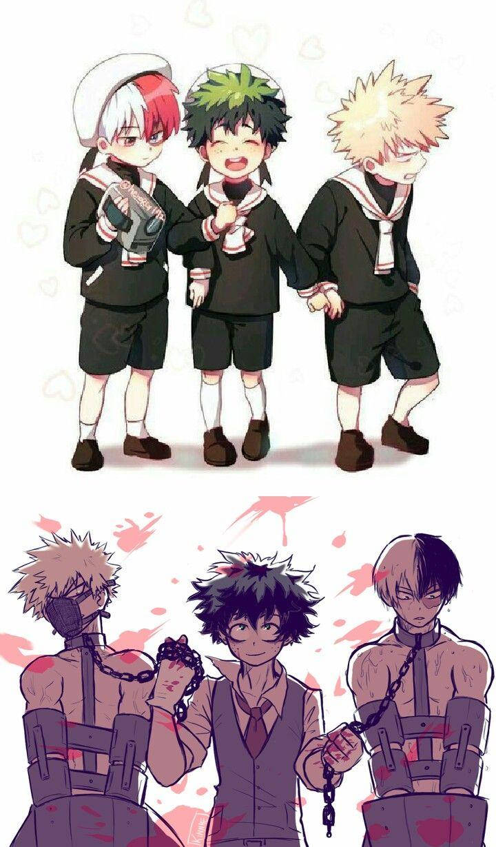 年輕的綠谷三人組 壁紙 — 三個動畫男學生穿著校服，上方愉快地手牽手，下方則被鎖鏈束縛在更黑暗的場景中。