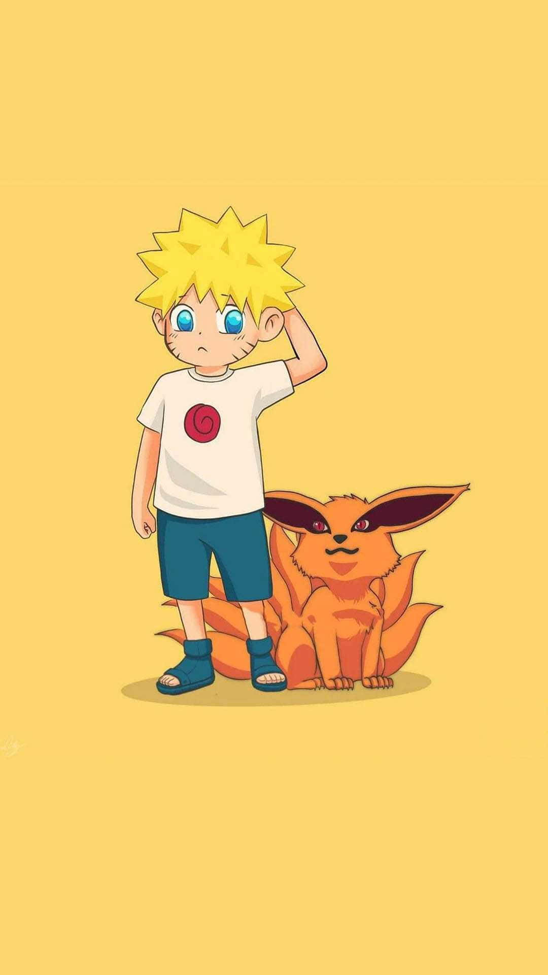 Baby Kurama 桌布 壁紙 — 年輕的鳴人留著金色刺蝟頭，站在橙色九尾狐旁邊，背景是純黃色。