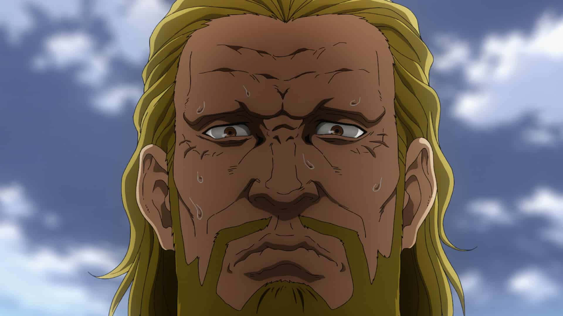一個疲憊的動漫男子，金髮鬍鬚，在陰天下出汗。