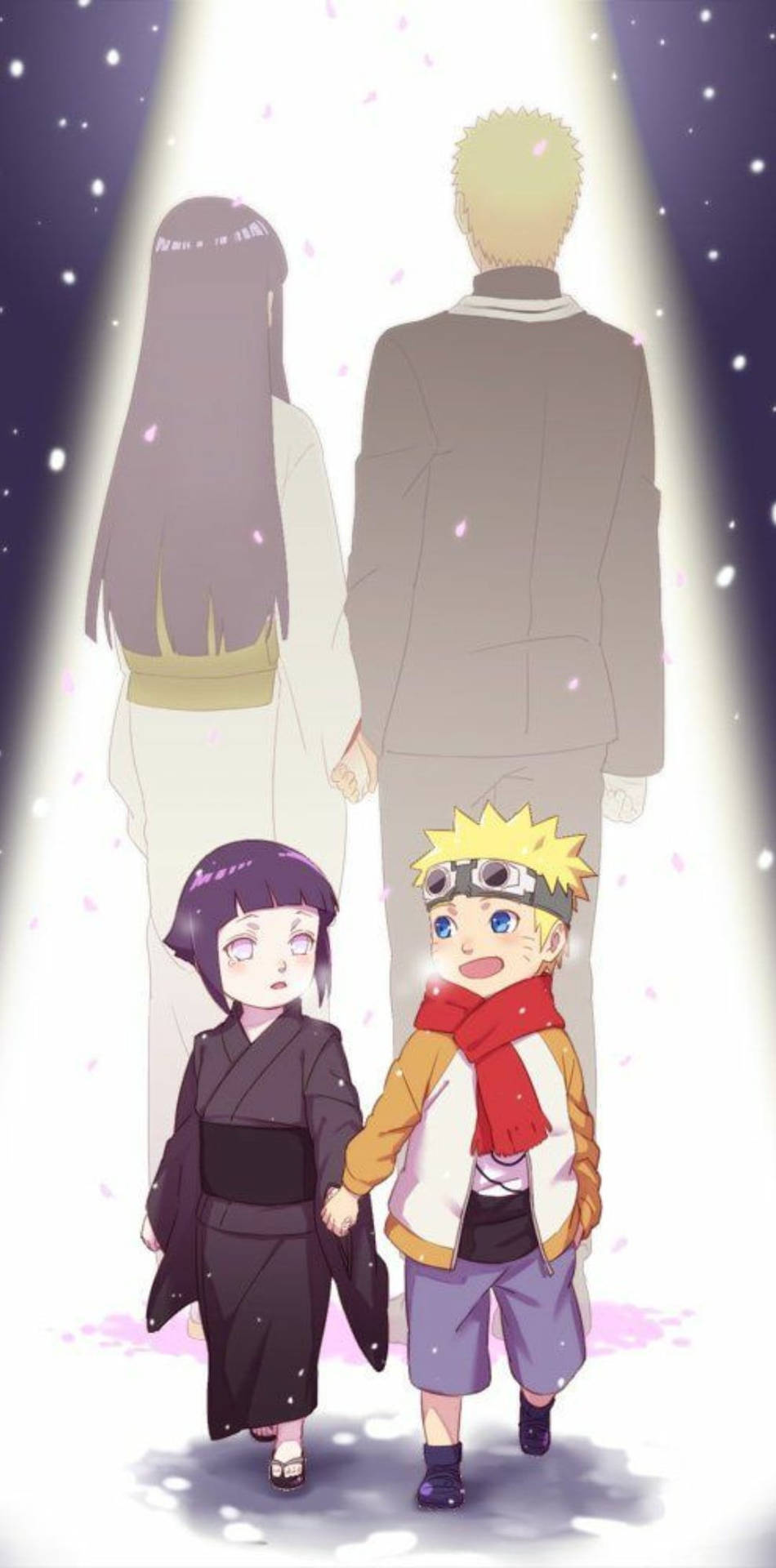 年輕與年長的 Hinata 與鳴人手機壁紙 4K 壁紙 — 兩個小孩手牽手，在星光燦爛的夜晚，在飄落的粉紅色花瓣下走向發光的人物。
