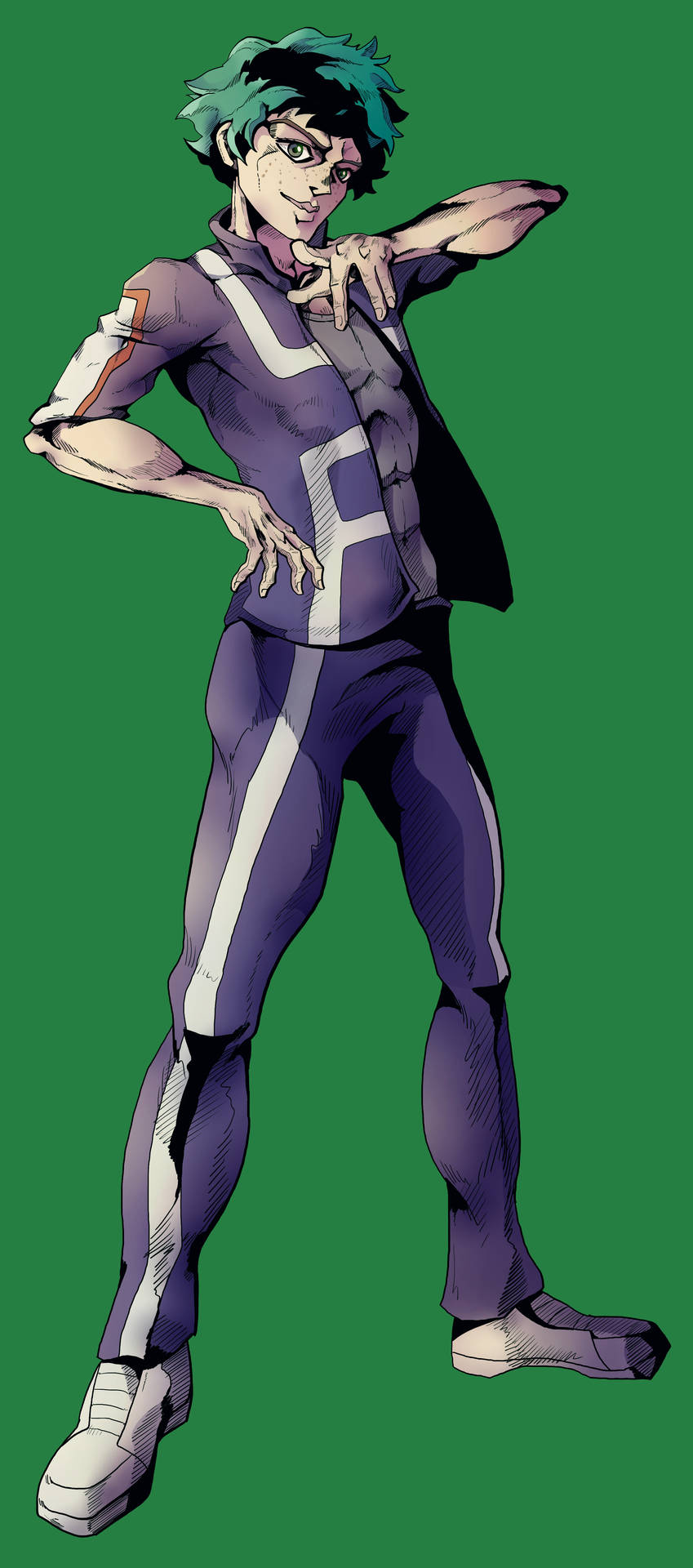 動漫男性角色穿著紫色服裝在綠色背景前自信地擺姿勢。
