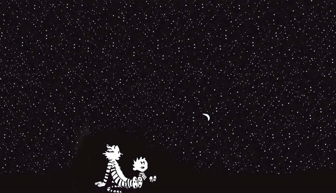 兩個卡通角色仰望星空，上方有一彎新月。