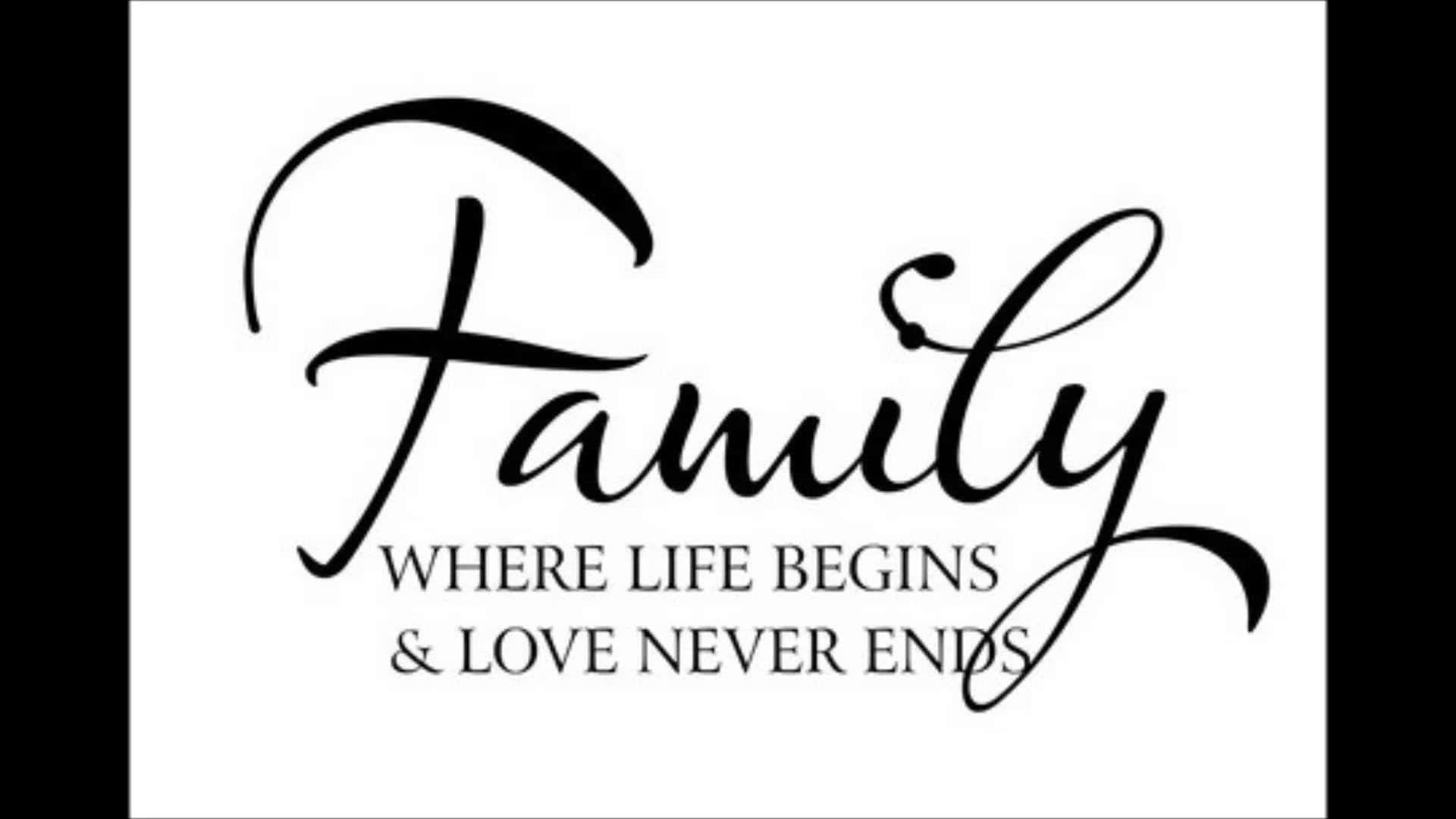 幸福家庭的格言 壁紙 — 優雅的黑色草書文字在潔白背景上寫著「Family Where Life Begins & Love Never Ends」。