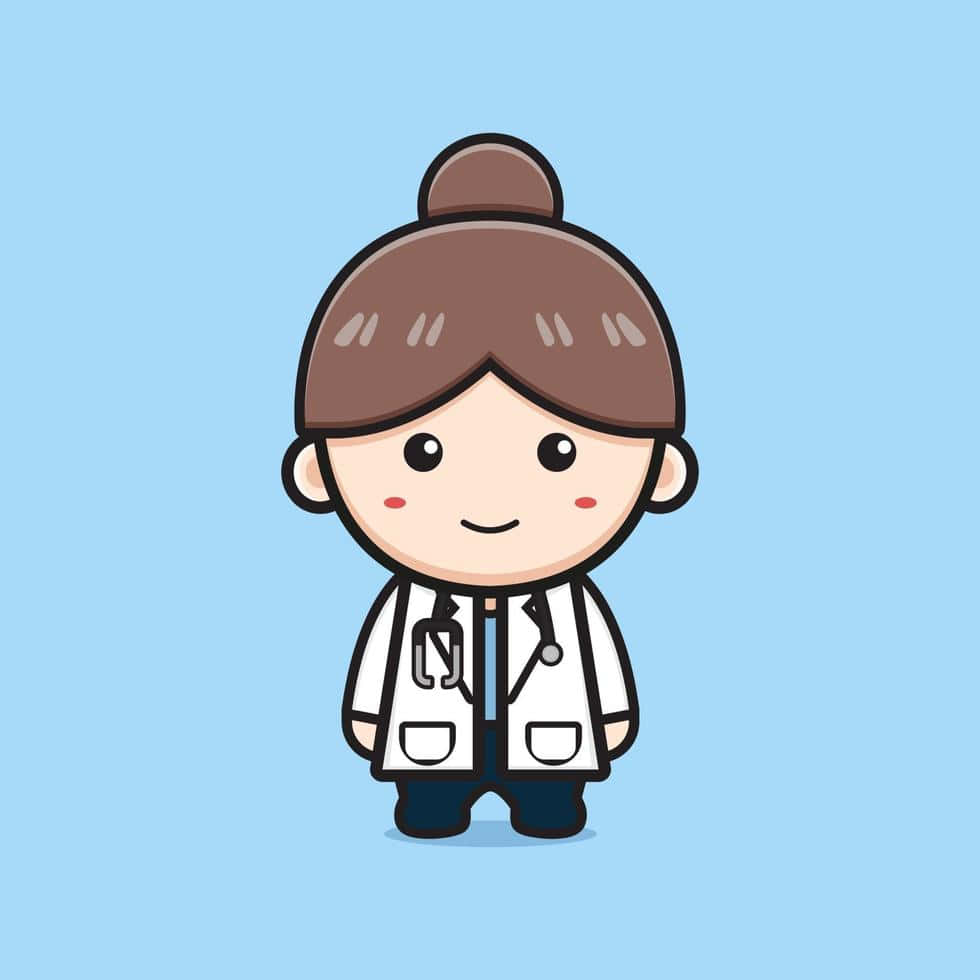 幸福從內而發 壁紙 — 一位可愛的卡通女醫生，棕色頭髮盤成髮髻，穿著白大褂和聽診器，在淺藍色背景上微笑。