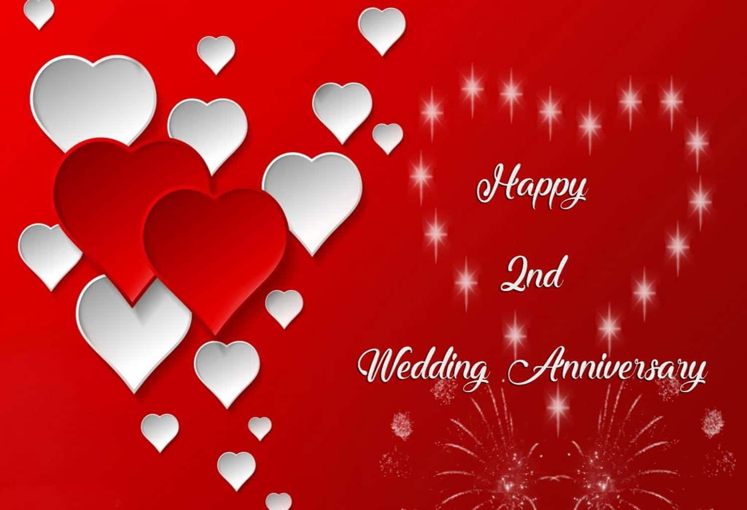 紅色背景，帶有紙心形和煙花，慶祝第二個結婚週年。