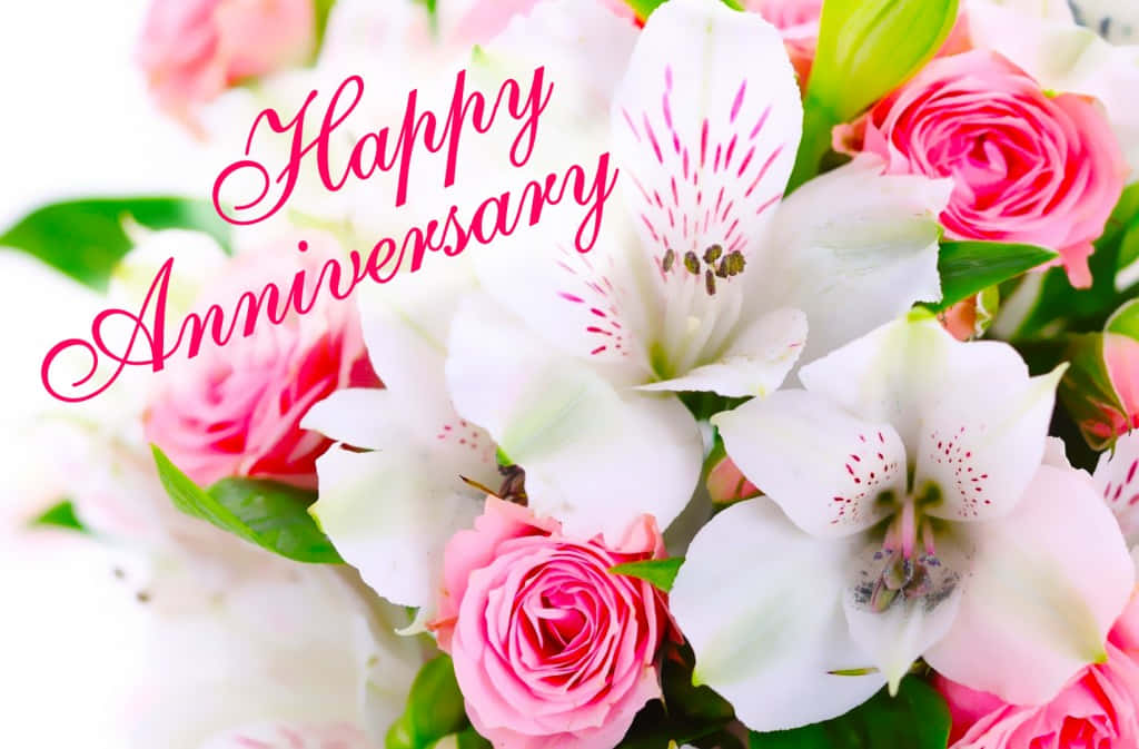 Happy Anniversary 粉紅玫瑰和白色百合花束