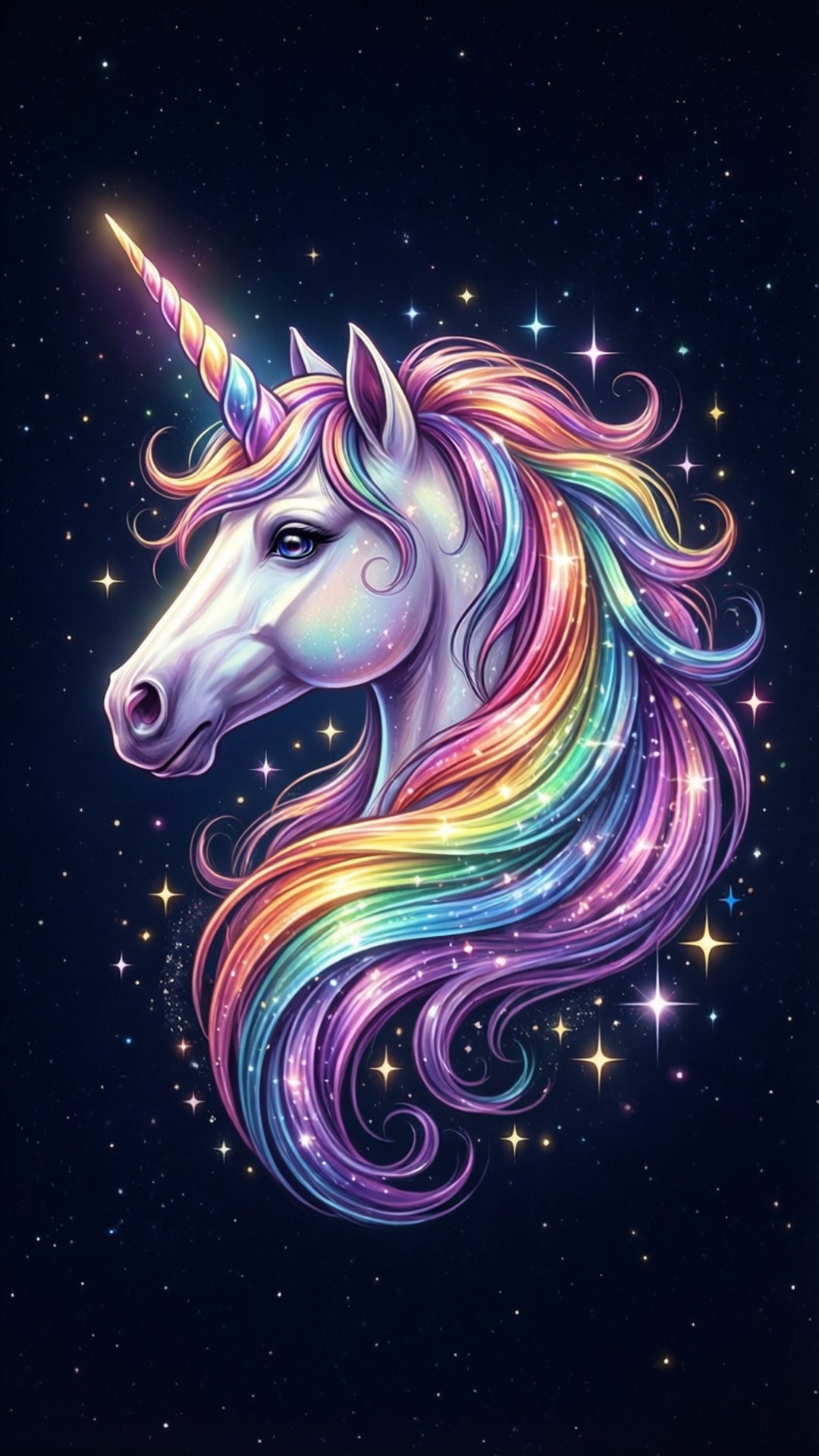 一隻發光的獨角獸，擁有彩虹鬃毛，在繁星點點的夜空下。