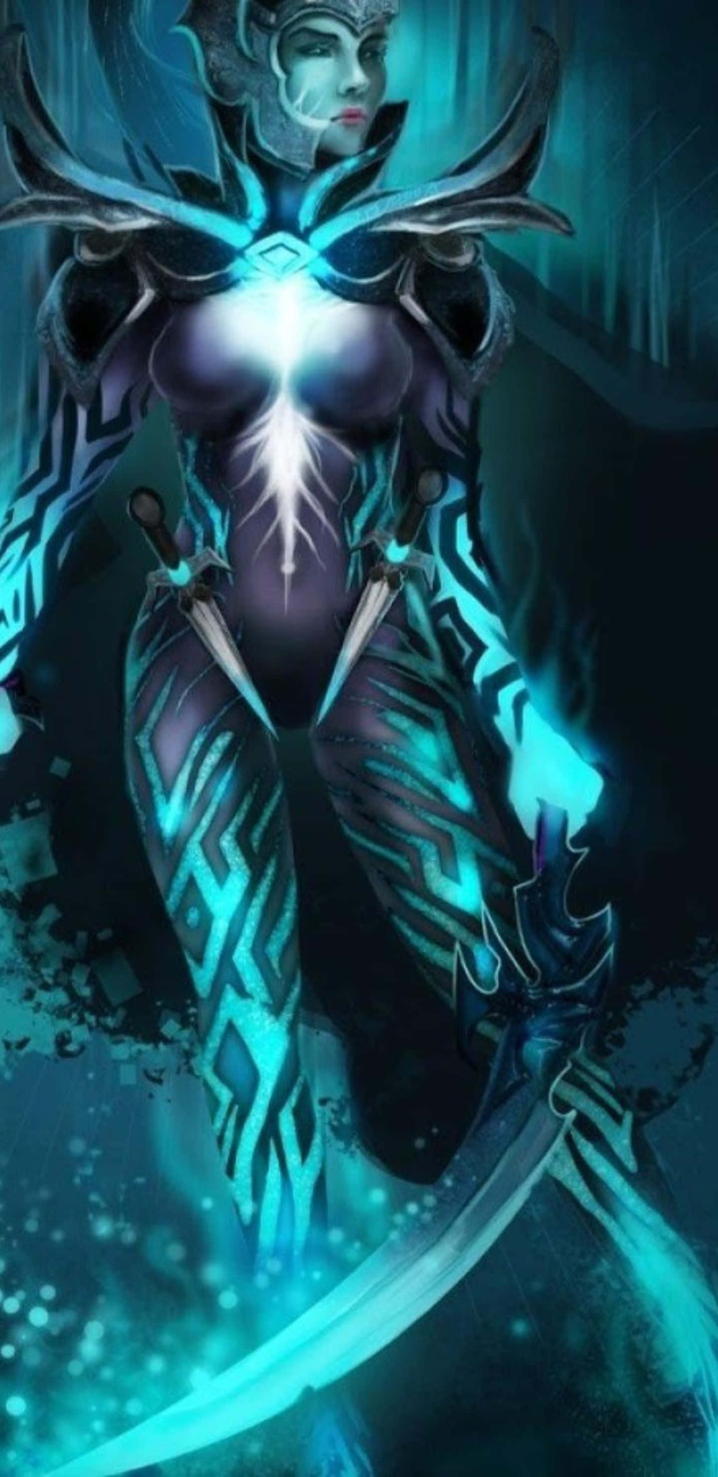 幻影刺客於 Pixel 3xl Dota 2 背景 壁紙 — 一位身穿發光藍色盔甲、手持彎刀的黑暗奇幻女戰士，站在神秘的青綠色照明環境中。