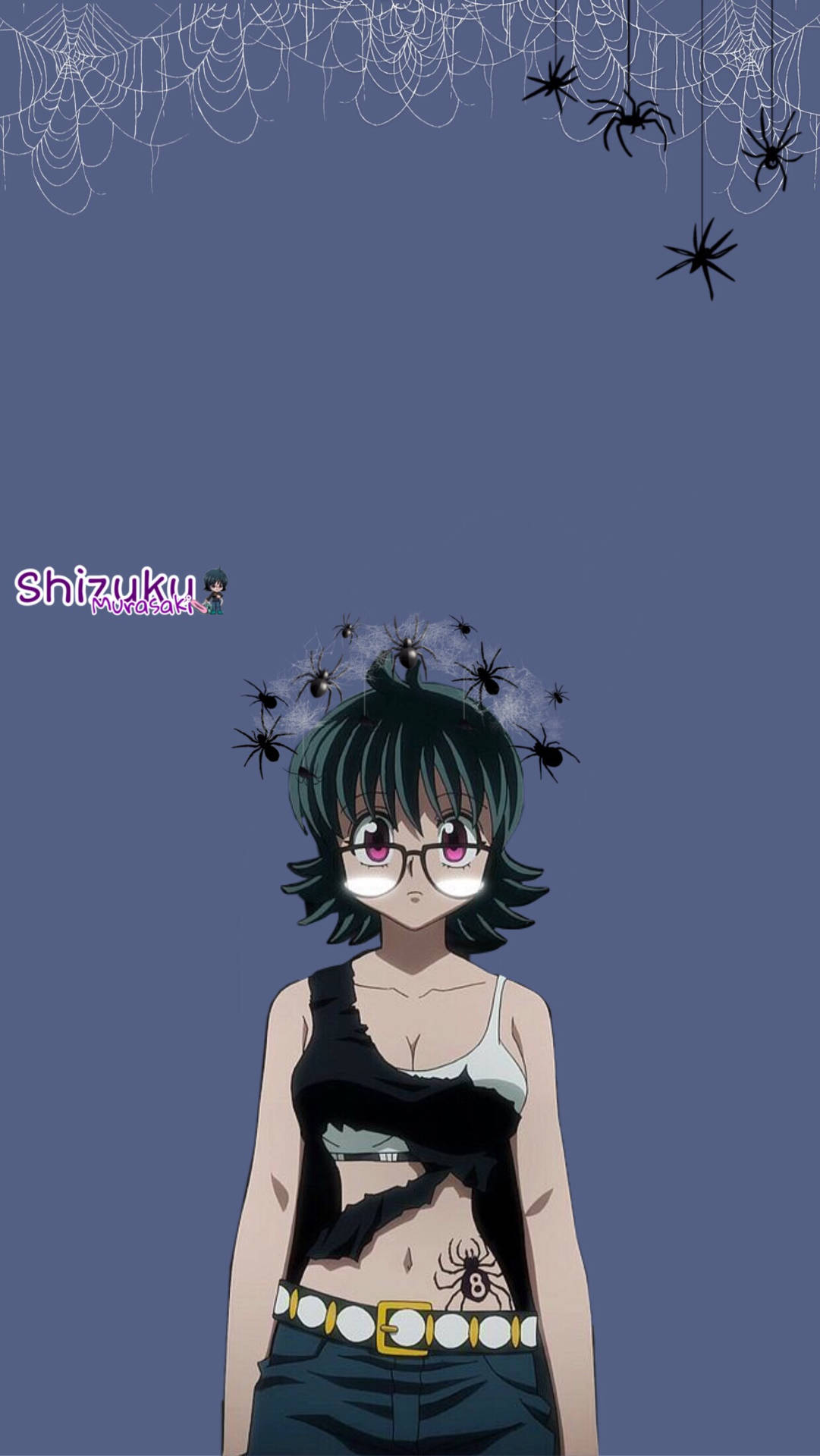 綠色頭髮戴眼鏡的動漫女孩，被蜘蛛和網包圍。