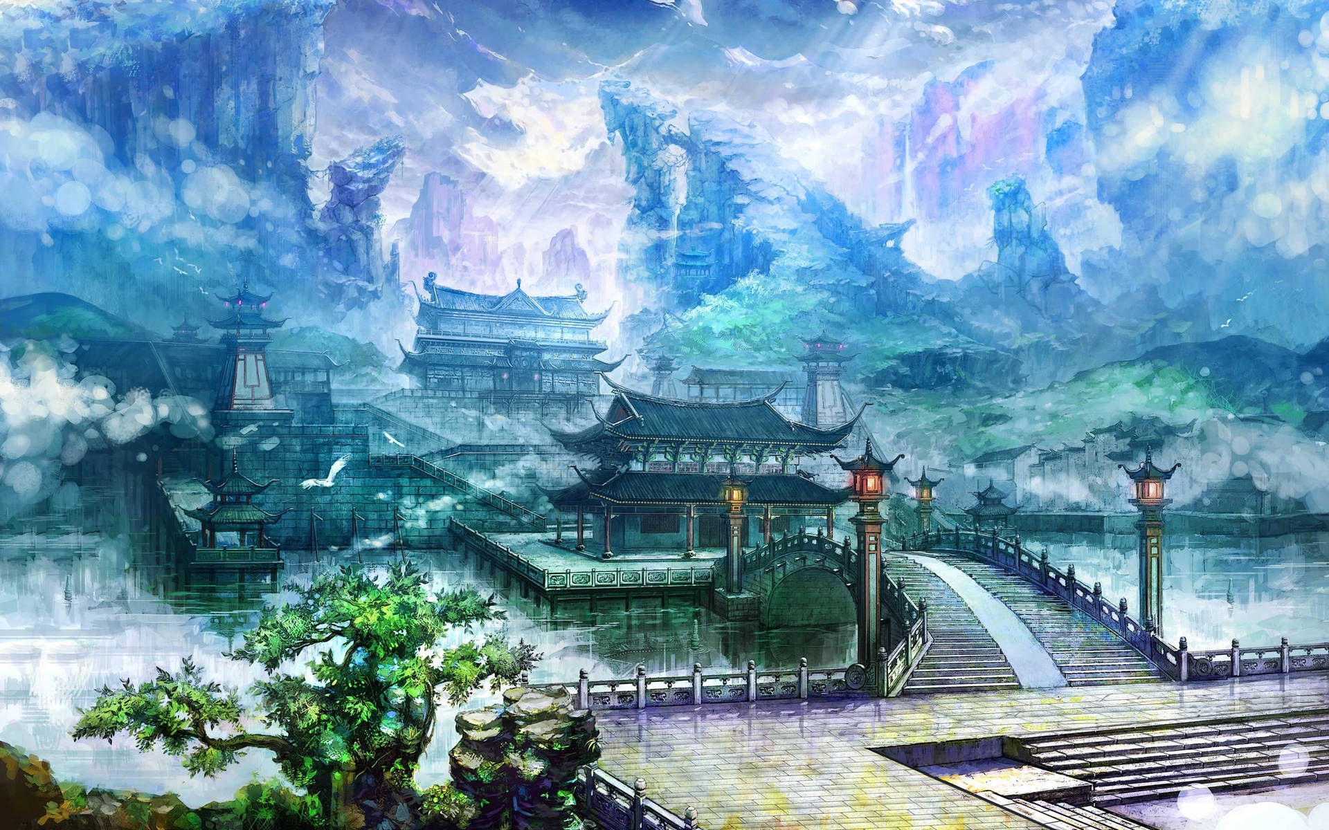 寧靜的夢幻村莊，在霧氣繚繞的山巒中有傳統建築和橋樑。