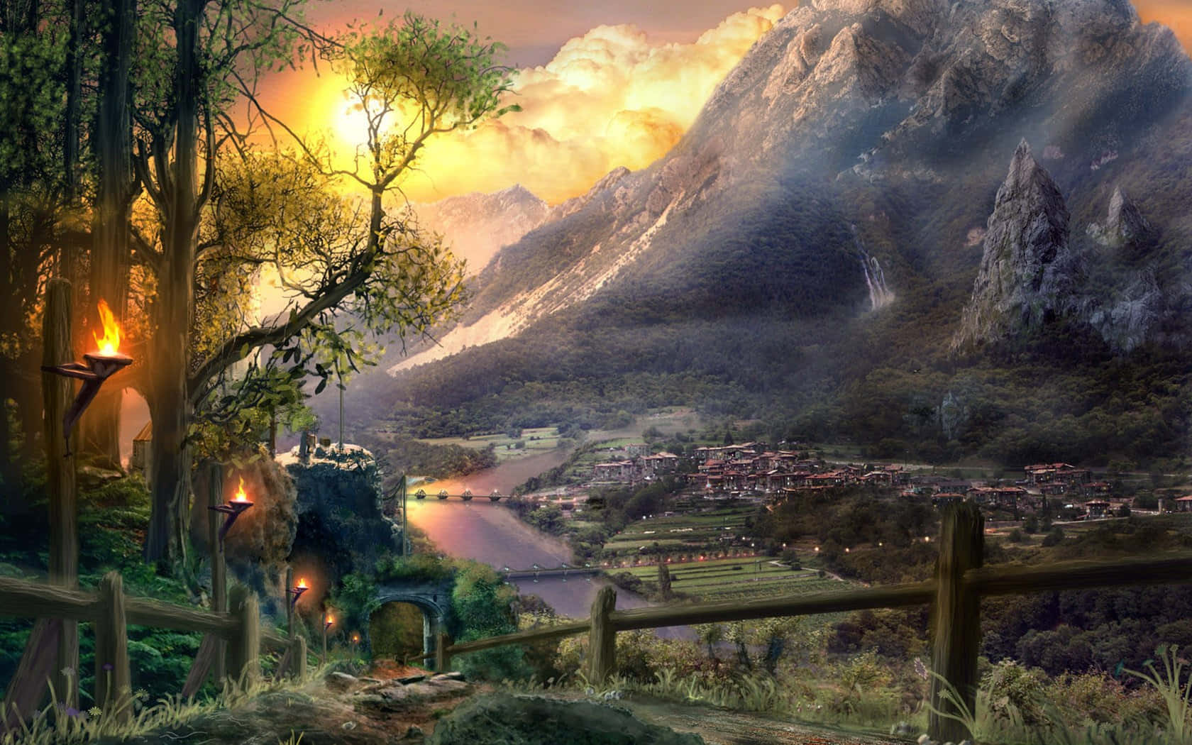 夕陽下的奇幻村莊，火炬和山脈