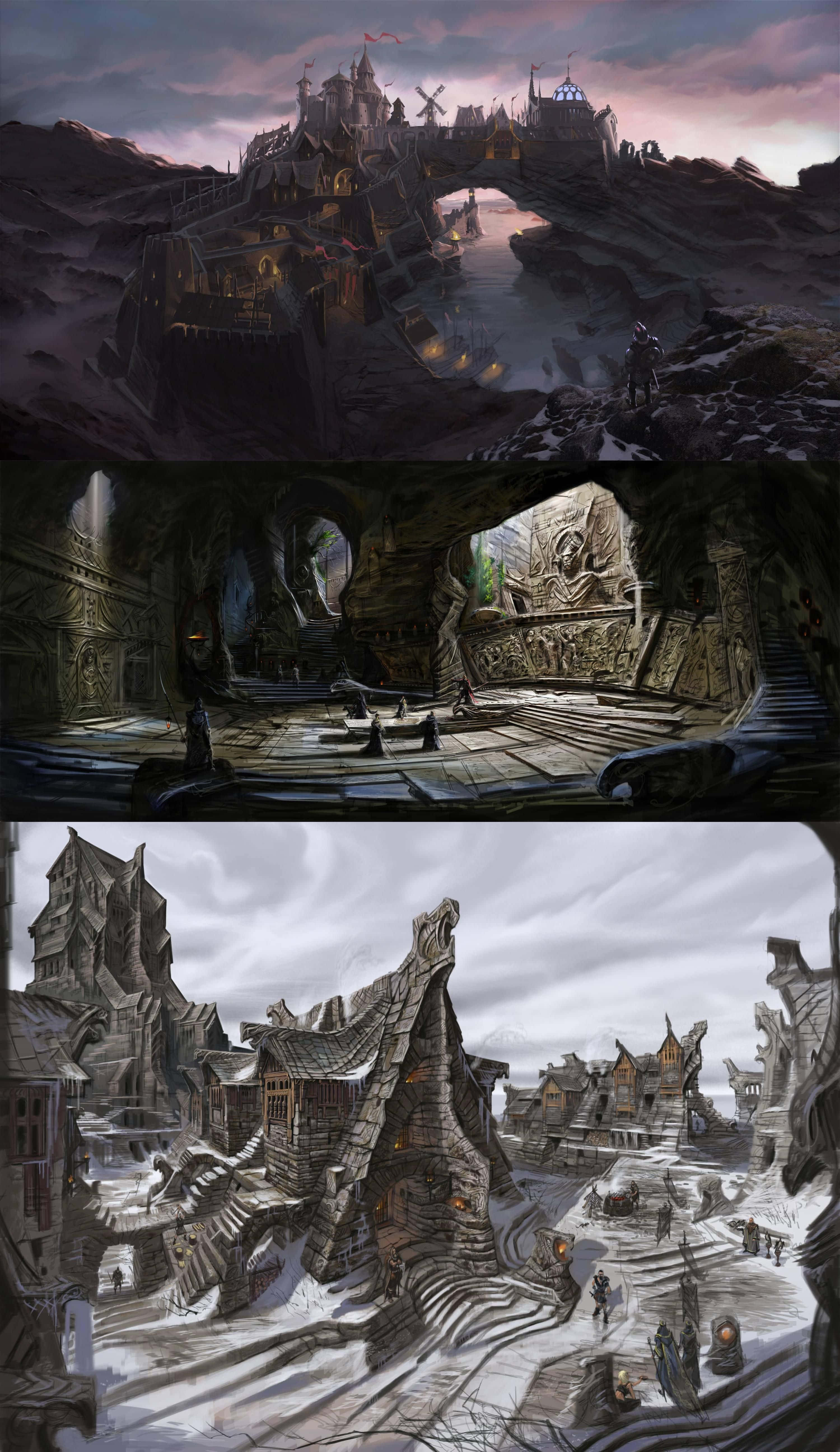 Skyrim Solitude 桌布 壁紙 — 幻想場景的三聯畫：黃昏懸崖上的城堡、洞穴般的神殿，以及被雪覆蓋的村莊，村莊裡有扭曲的木屋。