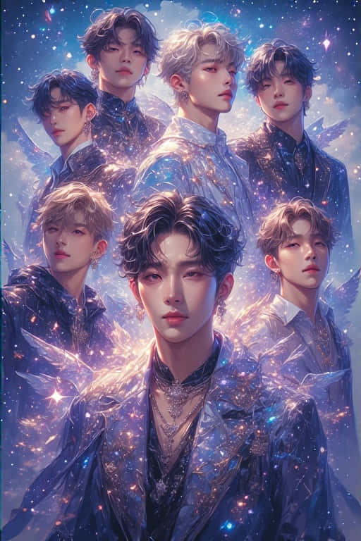 幻想寫實風格 K-pop 組合 壁紙 — 七個英俊的男人帶著天使翅膀，在閃爍的宇宙藍色背景中發光，穿著閃亮的深色外套。