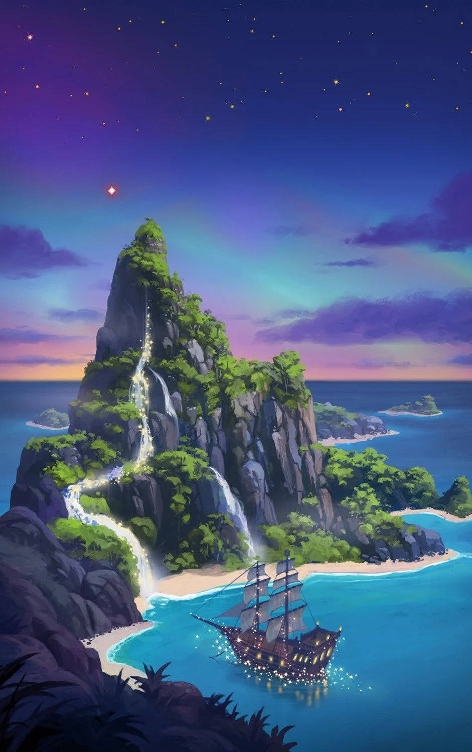 一艘發光的海盜船在星空下靠近瀑布島。