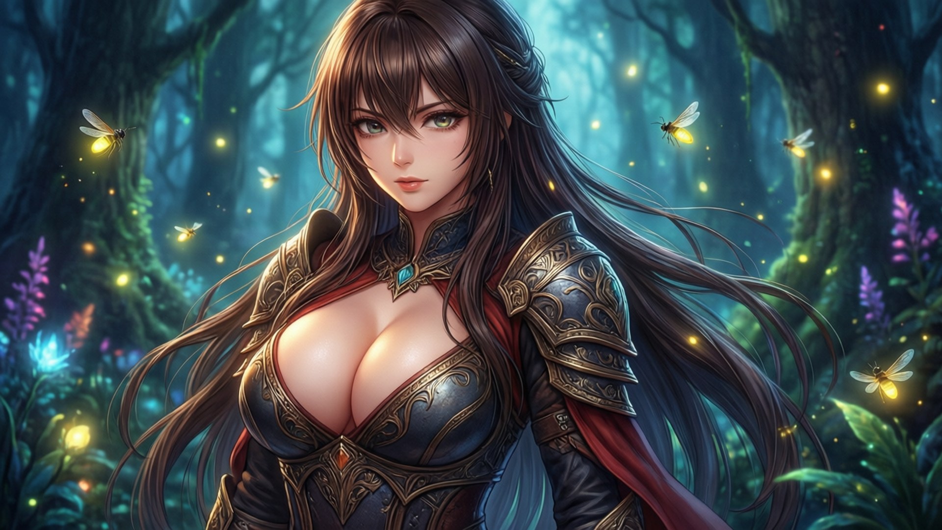 一位幻想動漫女子穿著華麗的盔甲，站在一個閃爍著螢火蟲的魔法森林中。