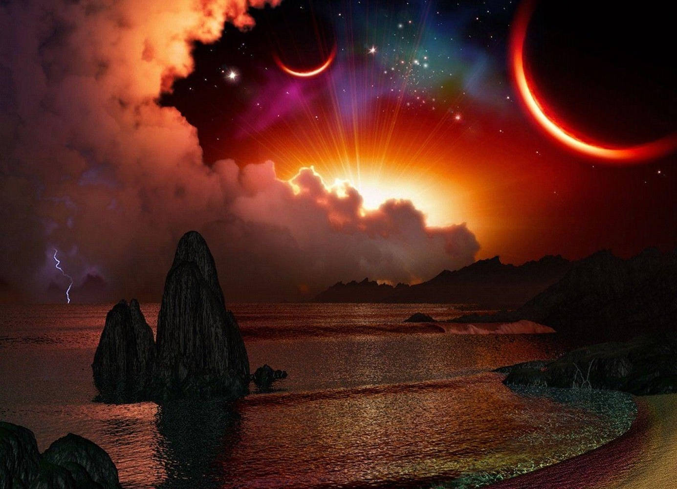 日落時分的外星海洋，發光的雲層、閃電和兩個新月。