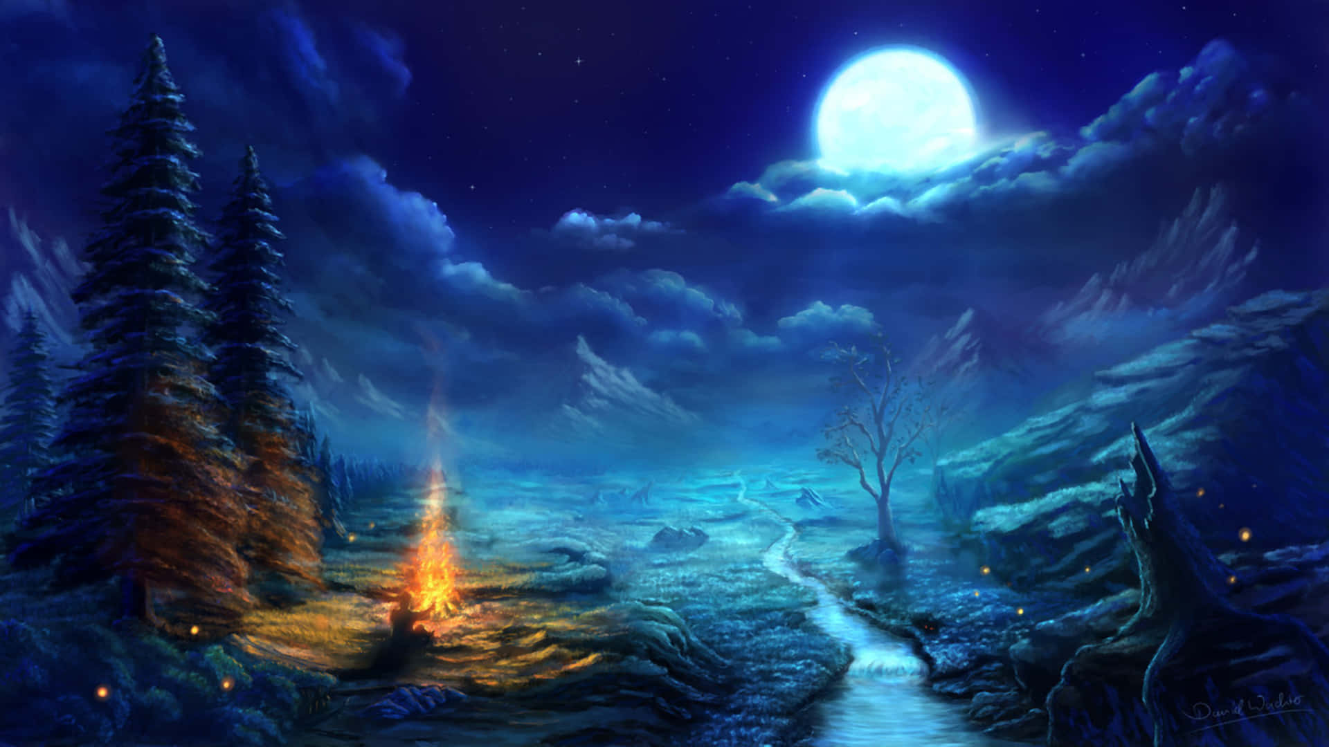 幻想森林中的營火向量藝術 壁紙 — 一個發光的營火照亮了雪地森林，上方是明亮的滿月，伴隨著旋轉的雲朵和蜿蜒的河流。