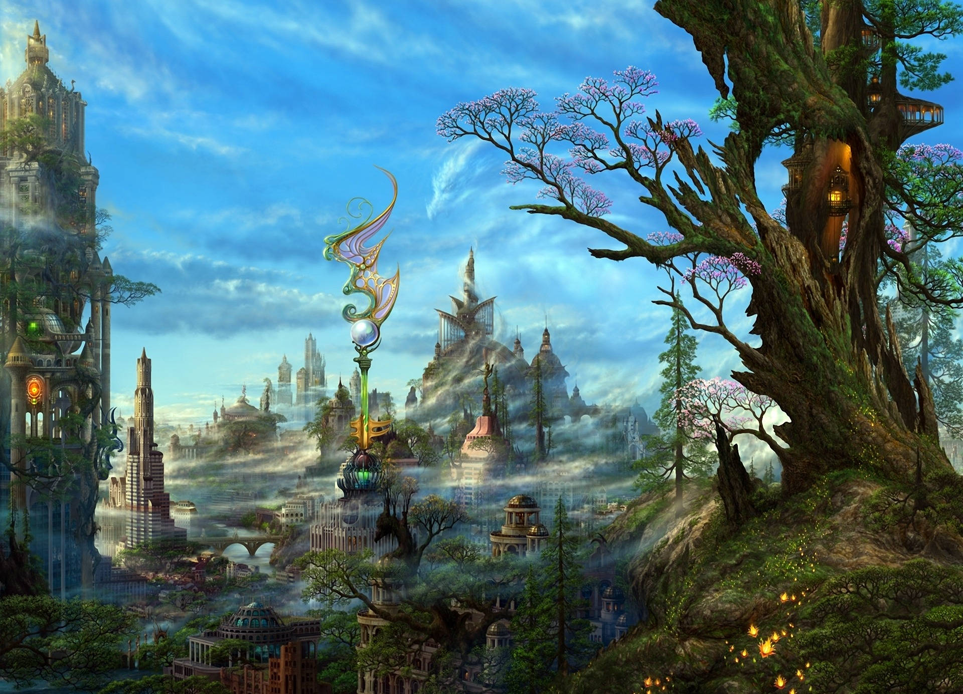 幻想森林城市藝術 壁紙 — 一座魔法奇幻城市，坐落在迷霧山谷中，有巨大的古樹和發光的燈籠，在明亮的藍天下。