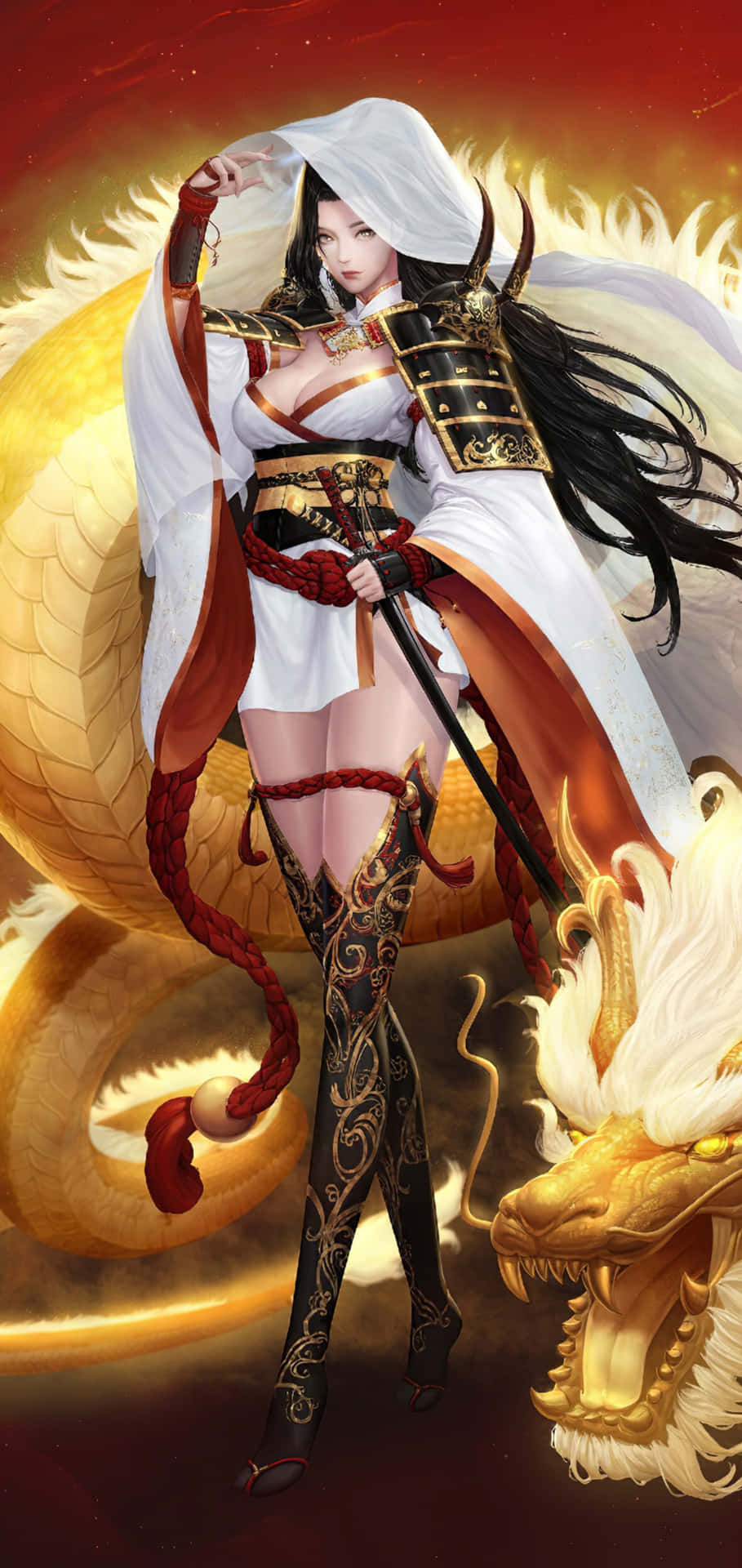 動漫女戰士與龍在火紅的天空中