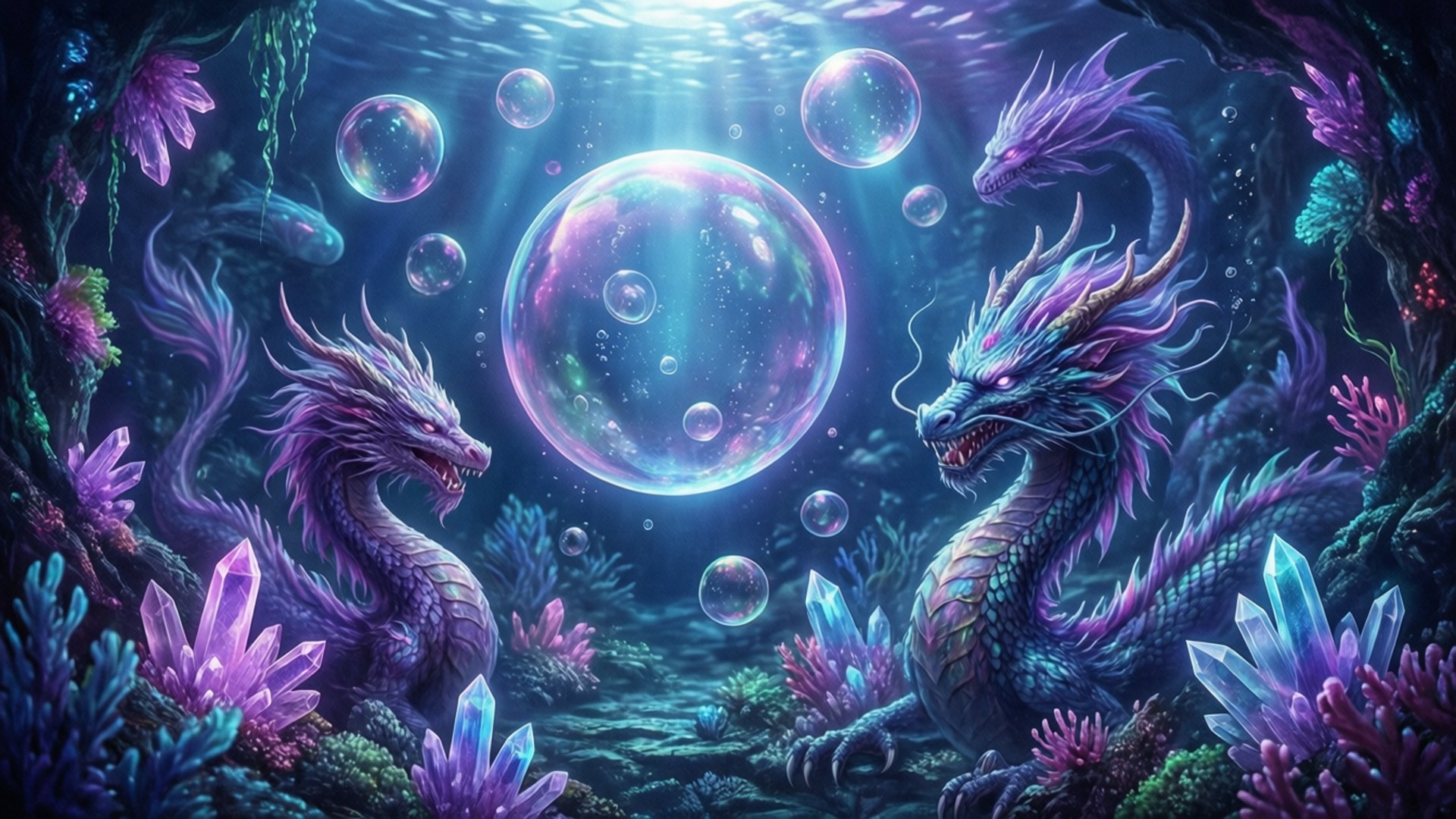 幻想水族館世界 壁紙 — 兩條雄偉的紫色龍在神秘深海領域中，於發光氣泡和水晶珊瑚之間面對面。