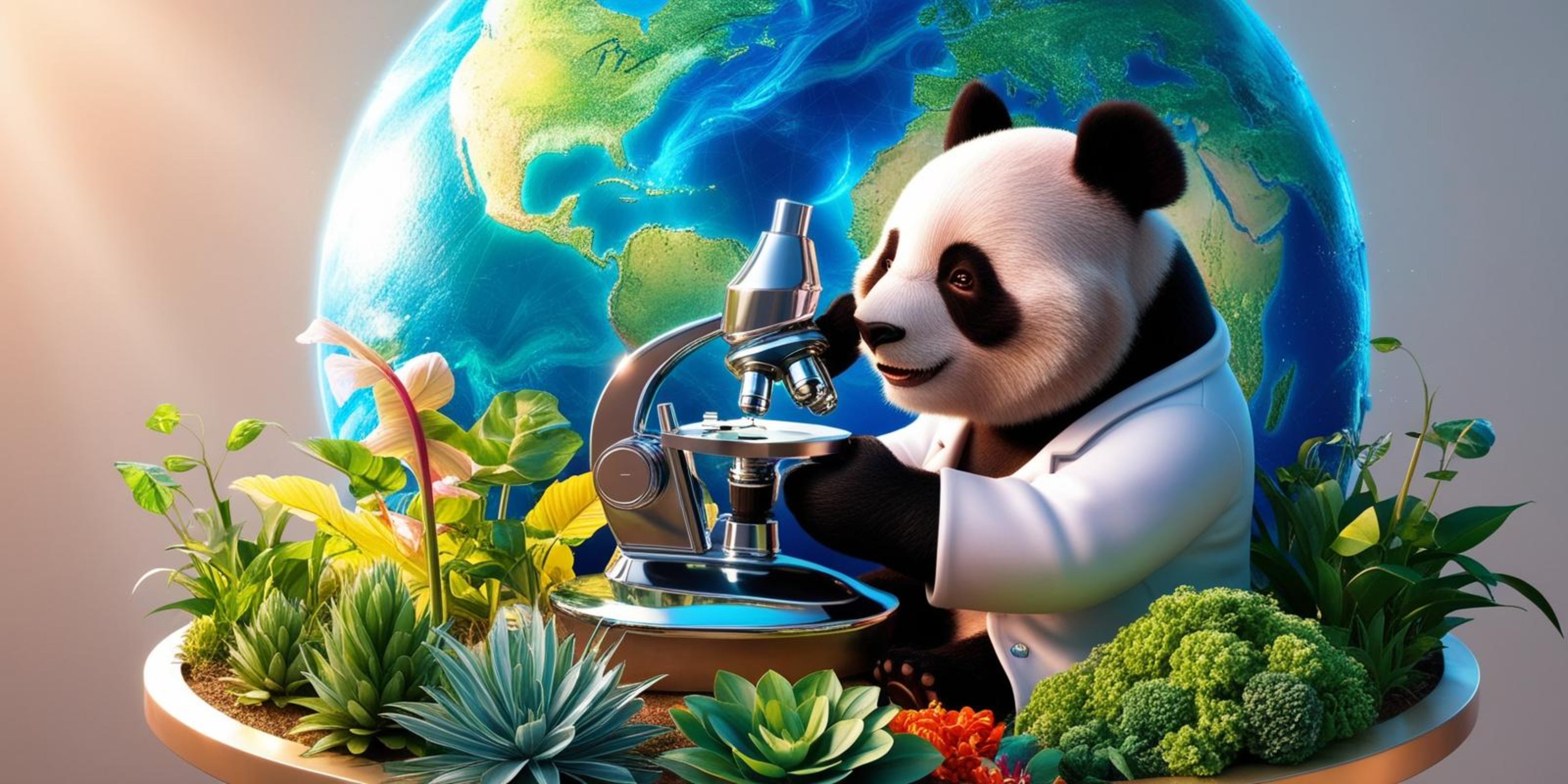 幻想球體中的熊貓 壁紙 — 一隻穿著實驗袍的熊貓科學家正在用顯微鏡檢查植物，背後有一個發光的地球。