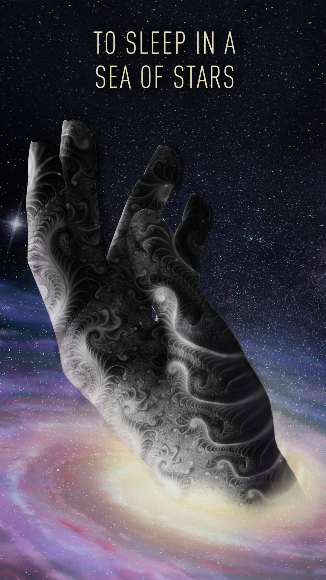 碎形手從色彩繽紛的星系中升起，伴隨星星和上方文字