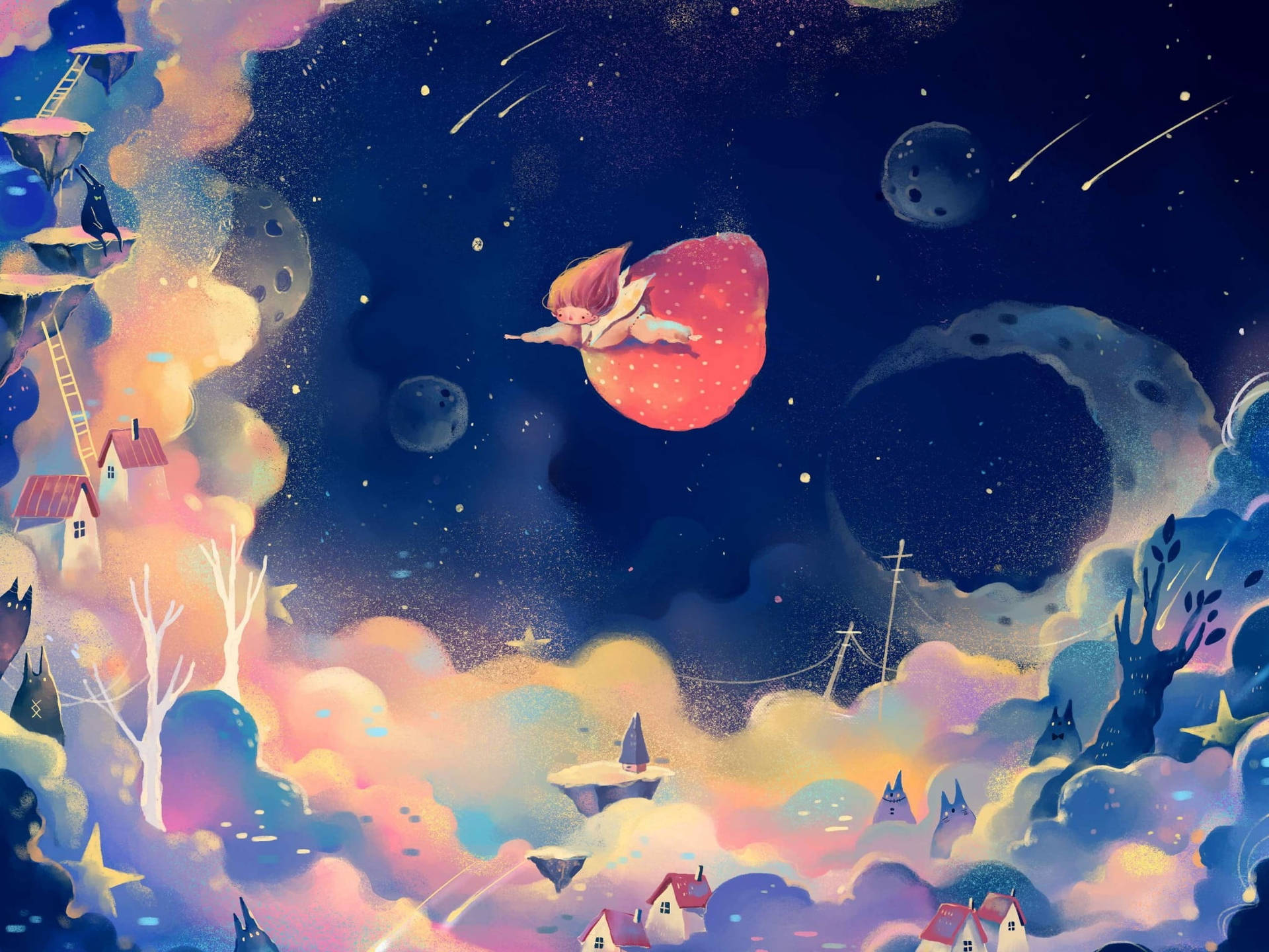 一個孩子在星空下漂浮在草莓上，上方有漂浮的房屋和色彩繽紛的雲朵。