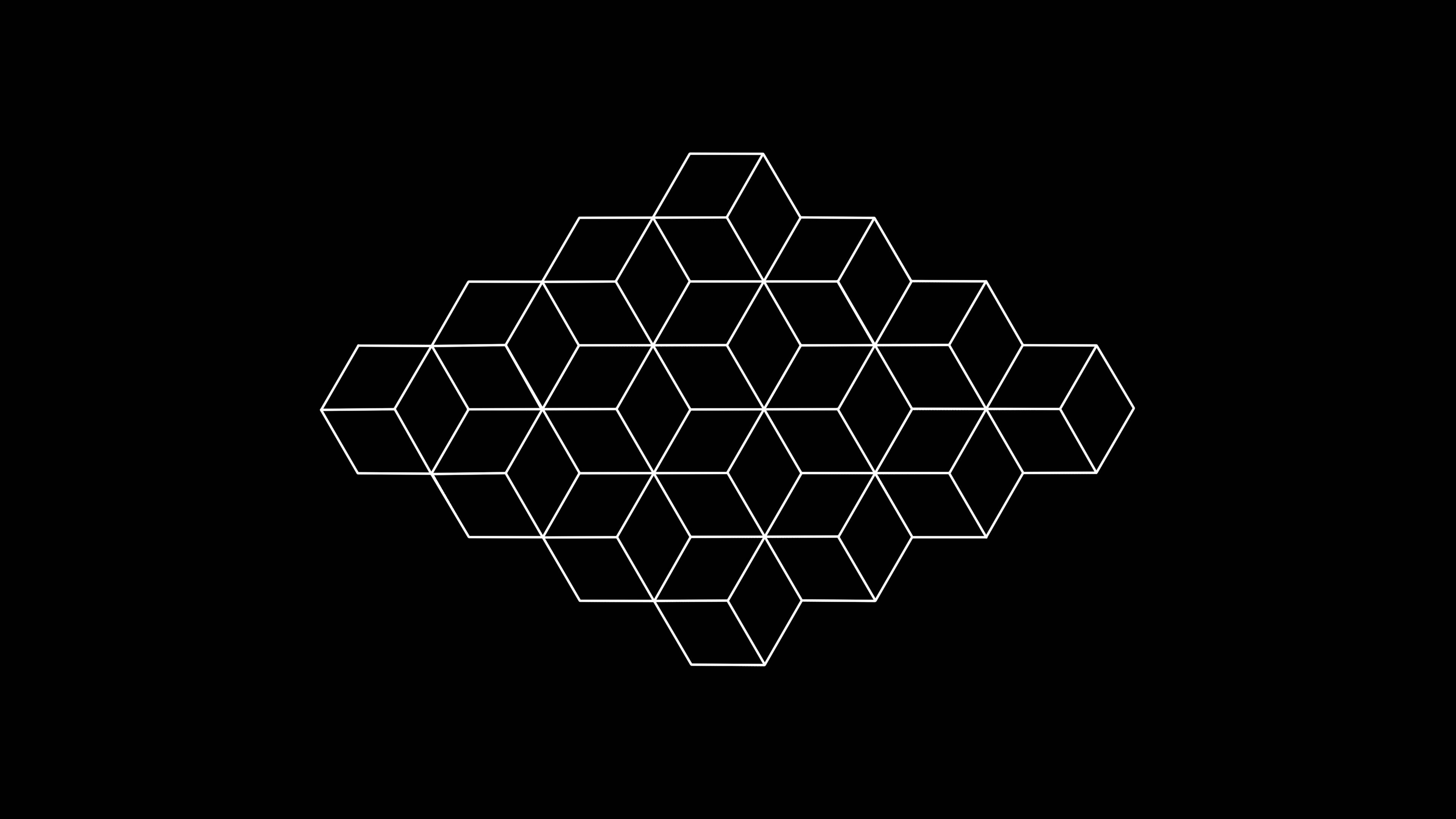 幻覺3D方塊 壁紙 — 在純黑色背景上，由相互連接的六邊形組成的極簡白色幾何圖案形成雲狀形狀。