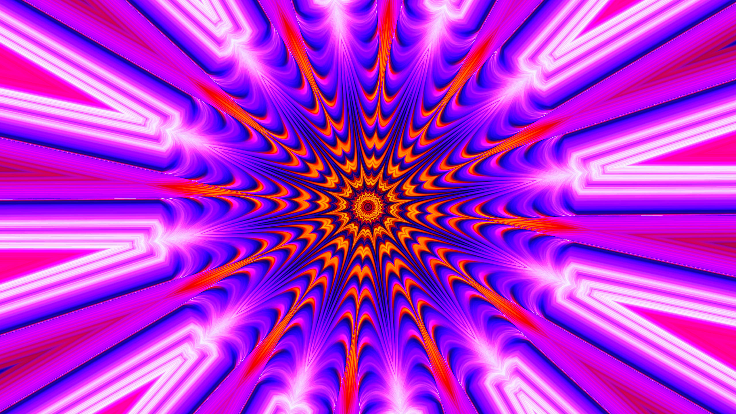 幻覺抽象萬花筒 壁紙 — 充滿活力的霓虹紫色和橙色分形射線從中心點迸發而出，形成迷人的數位萬花筒。