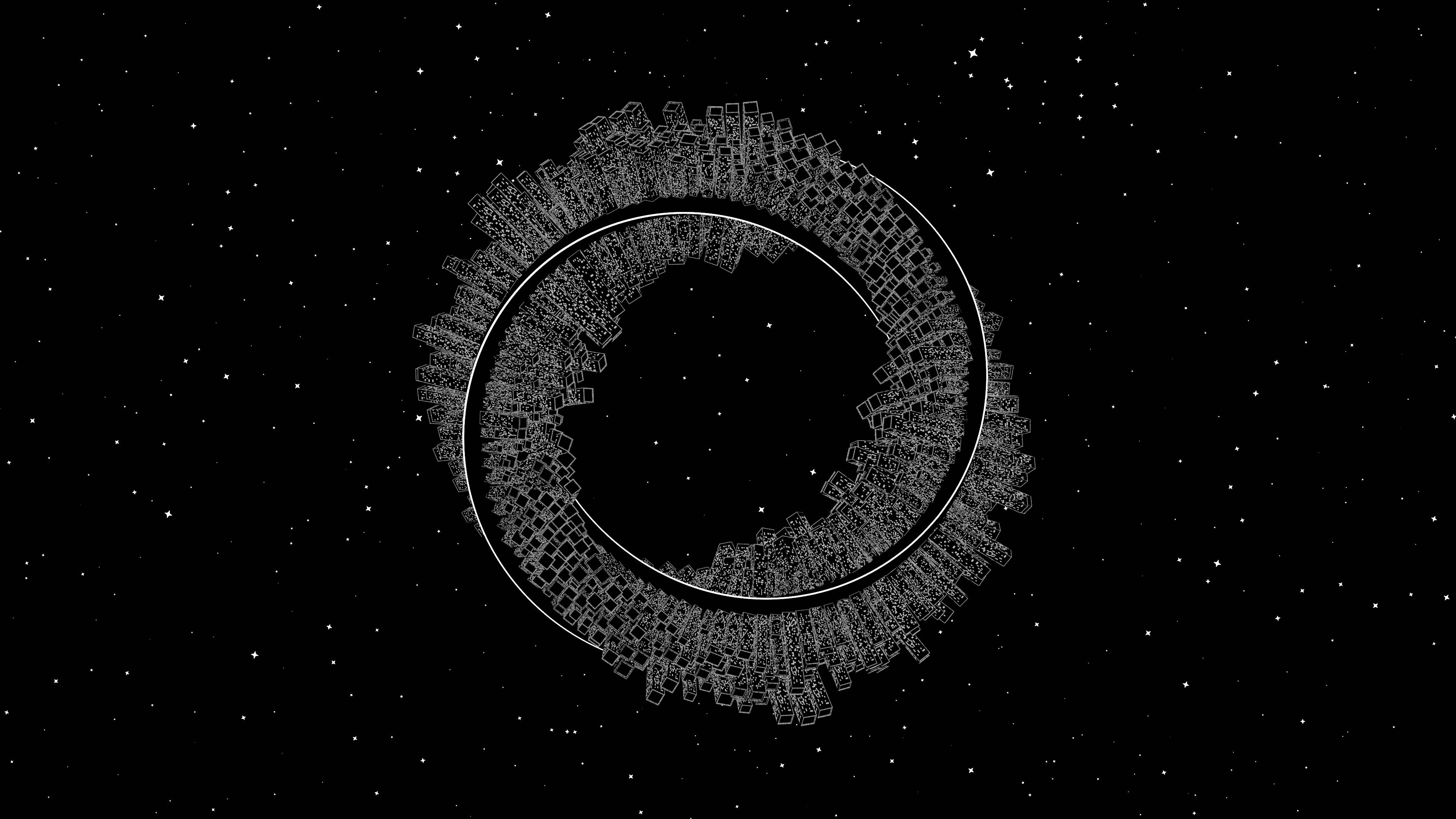 幻覺線條與漩渦 壁紙 — 一個發光的白色圓形城市景觀漂浮在繁星點點的黑色虛空中，在宇宙中形成一個未來主義的環。
