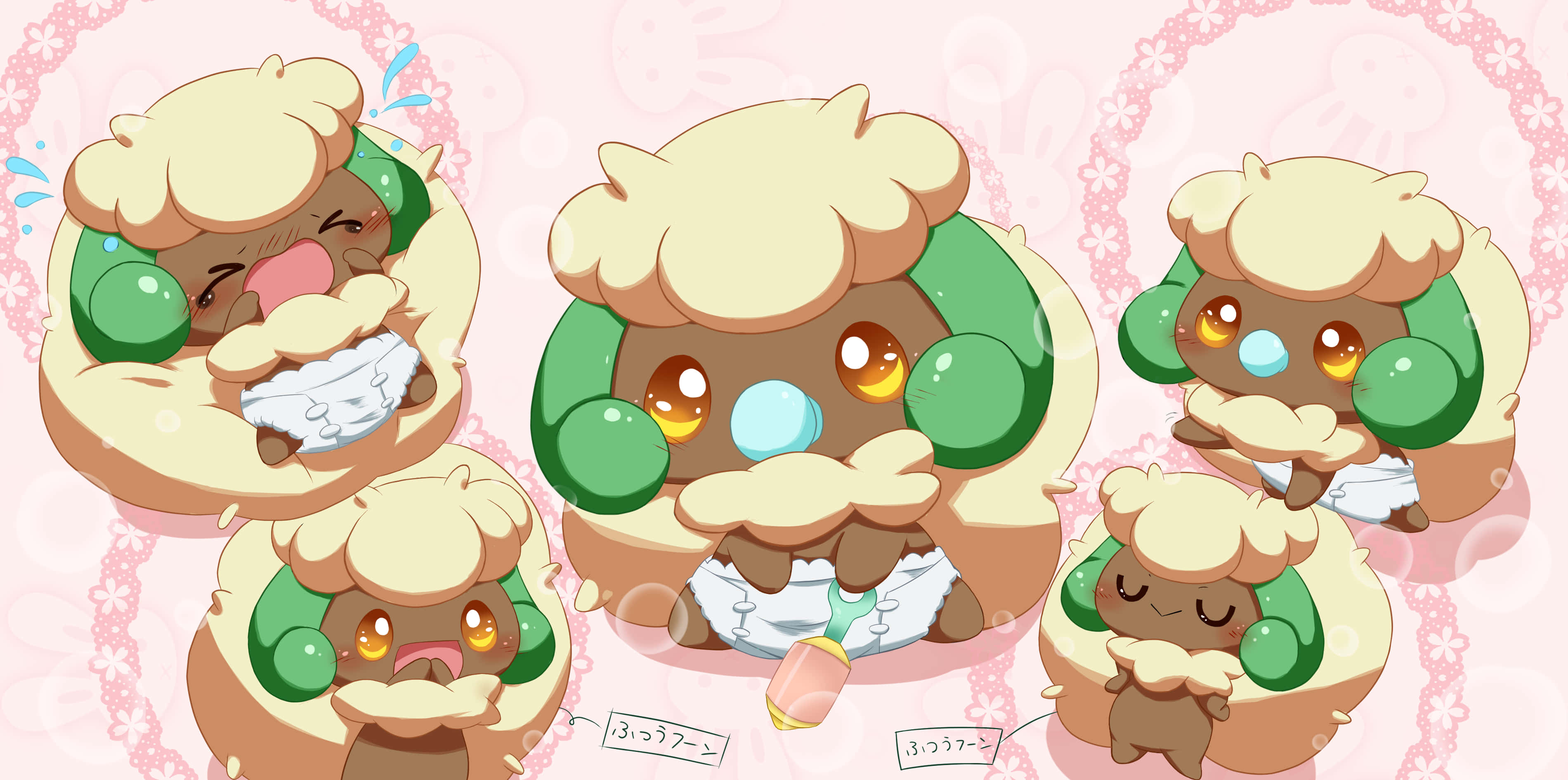 幼年Whimsicott 壁紙 — 五個穿著尿布的可愛Q版Pancham角色，擁有蓬鬆奶油色頭髮和綠色耳朵，背景為粉紅色花卉圖案。