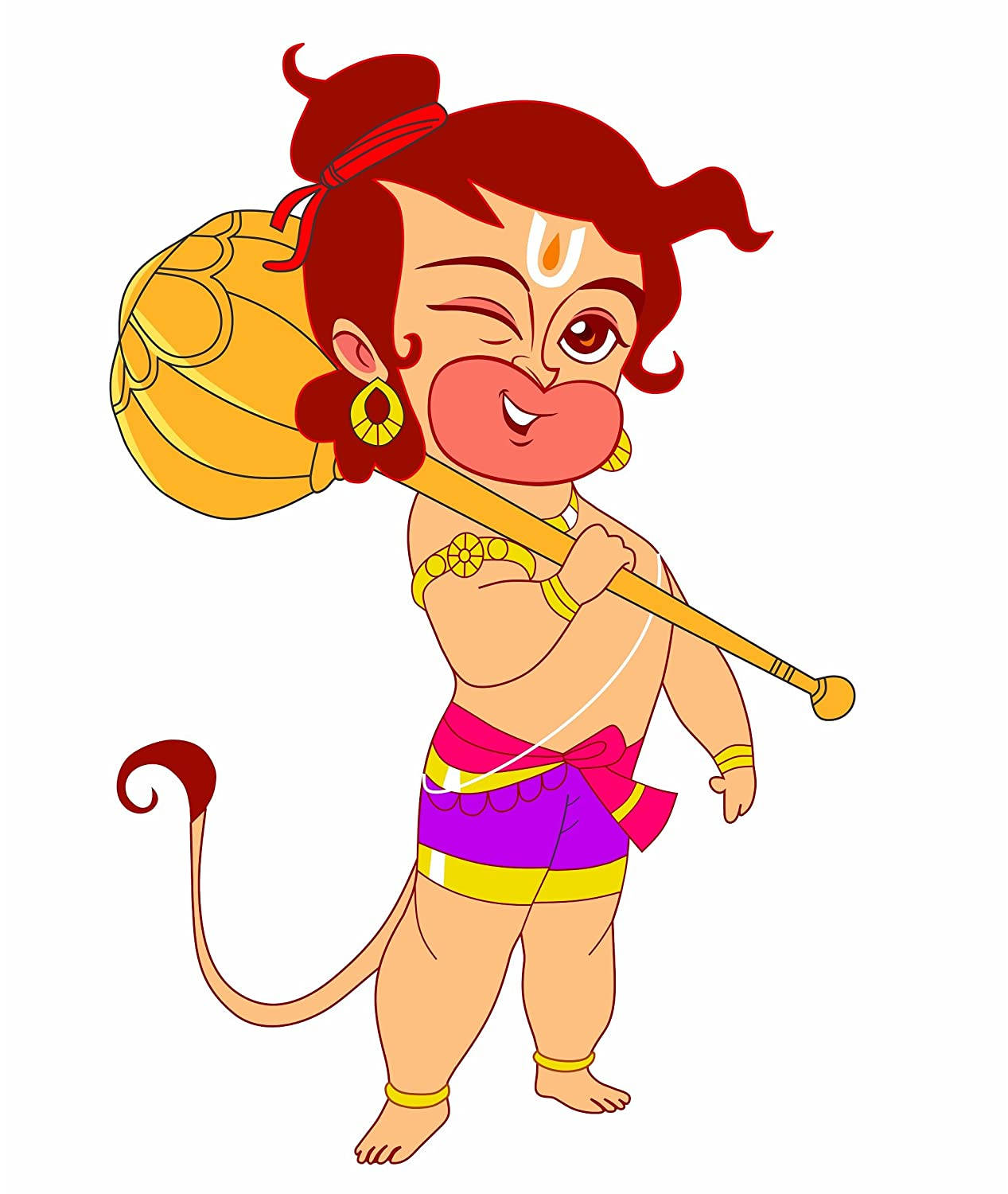 卡通猴神，紅頭髮，金色棍棒，微笑眨眼