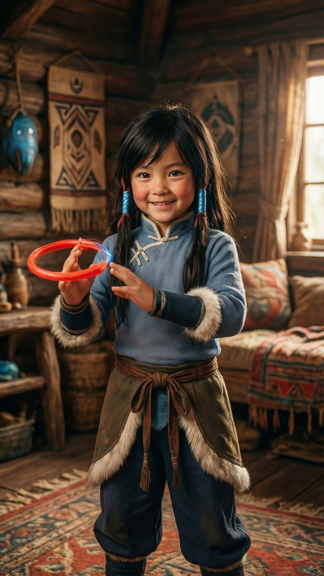 幼年科拉嬉戲 壁紙 — 一個微笑的年輕女孩穿著傳統藍色和棕色服裝，在一個有圖案紡織品和溫暖陽光的質樸木屋內拿著一個紅色圓環。