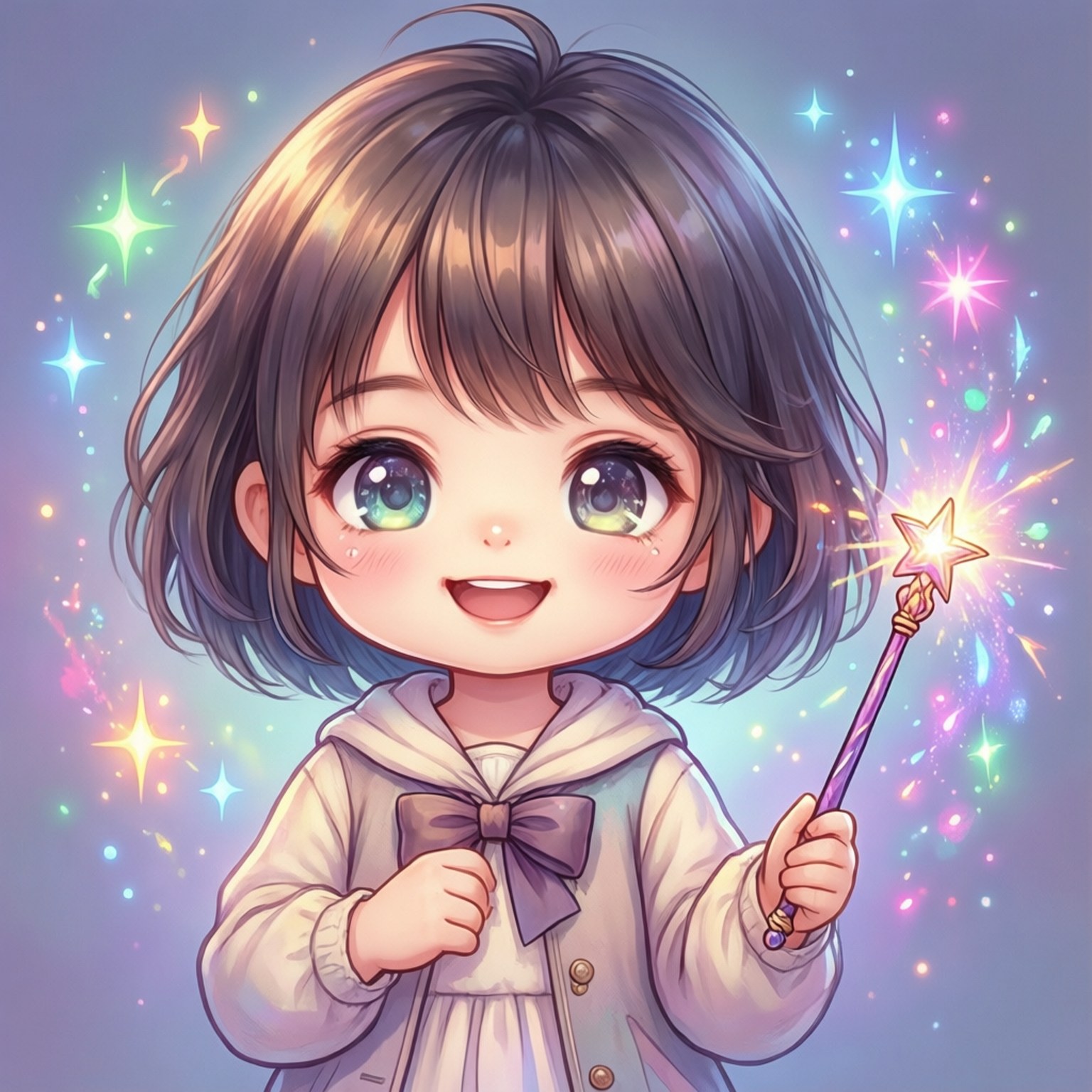 一個微笑的動漫女孩穿著連帽衫，拿著閃閃發光的星星魔杖，周圍環繞著五彩斑斕的閃光。