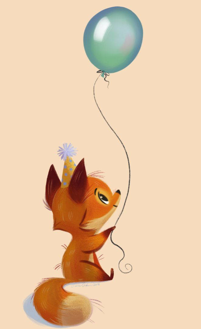幼狐生日氣球藝術 壁紙 — 一隻戴著派對帽的可愛橙色狐狸抬頭看著一個在柔和米色背景上漂浮的青色氣球。