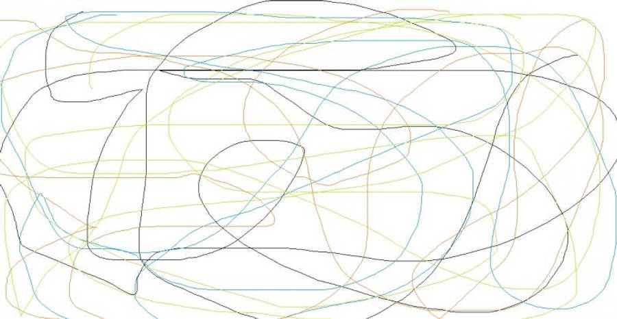 幼童 doodle 鉛筆畫 壁紙 — 一個抽象構圖，由黑色、藍色、綠色和黃色的重疊彩色線條組成，背景為白色。