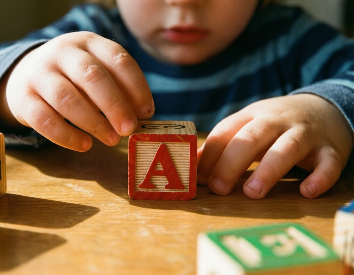 幼童玩字母積木 壁紙 — 幼兒的手輕輕將一個帶有字母A的紅色木塊放在陽光照射的木桌上的特寫。