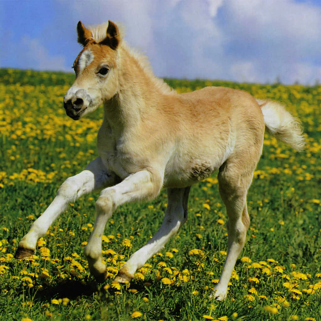 幼馬奔跑圖 壁紙 — 一匹帶有白色斑紋的淺棕色小馬在明亮的藍天下，歡快地奔馳在點綴著黃色蒲公英的翠綠草地上。