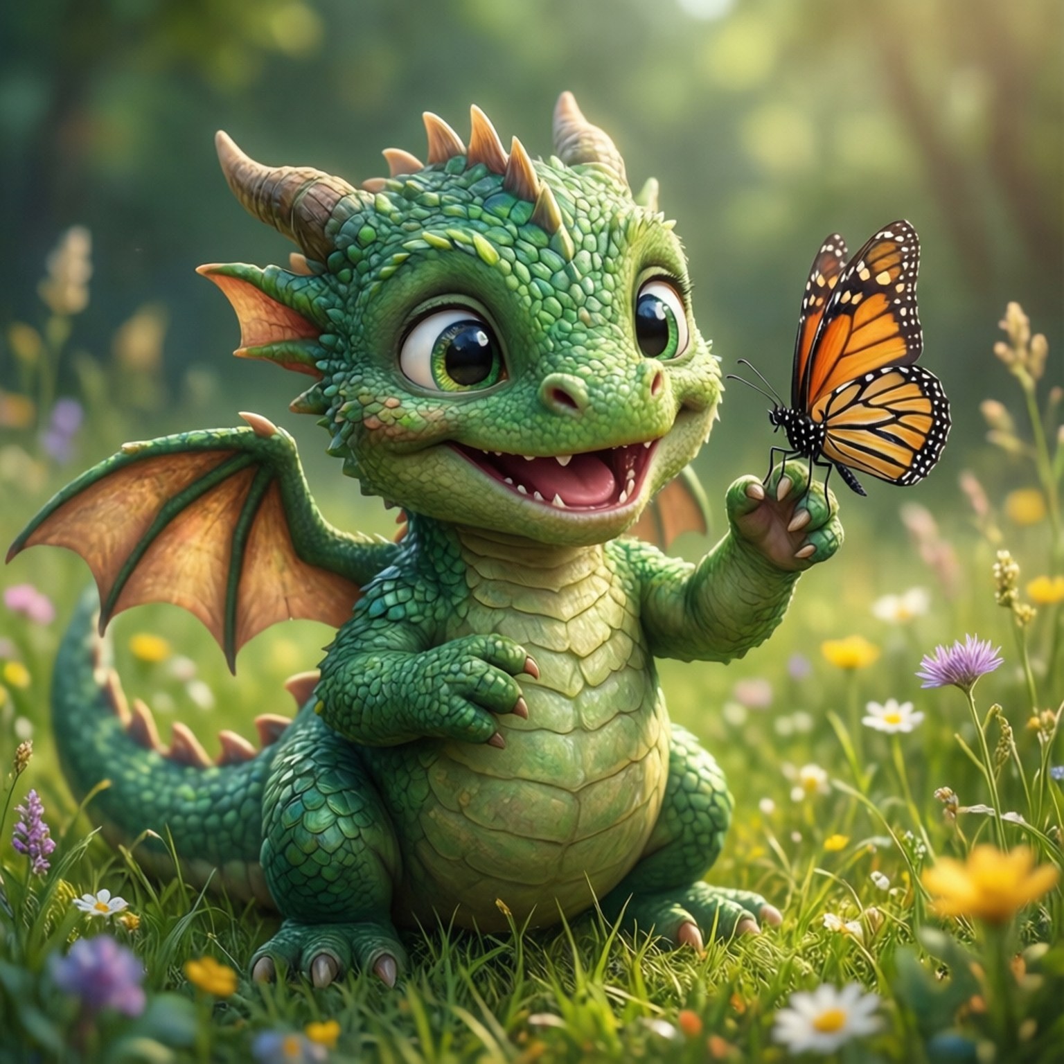 一隻綠色小龍微笑著，在色彩繽紛的花田中拿著一隻帝王斑蝶。