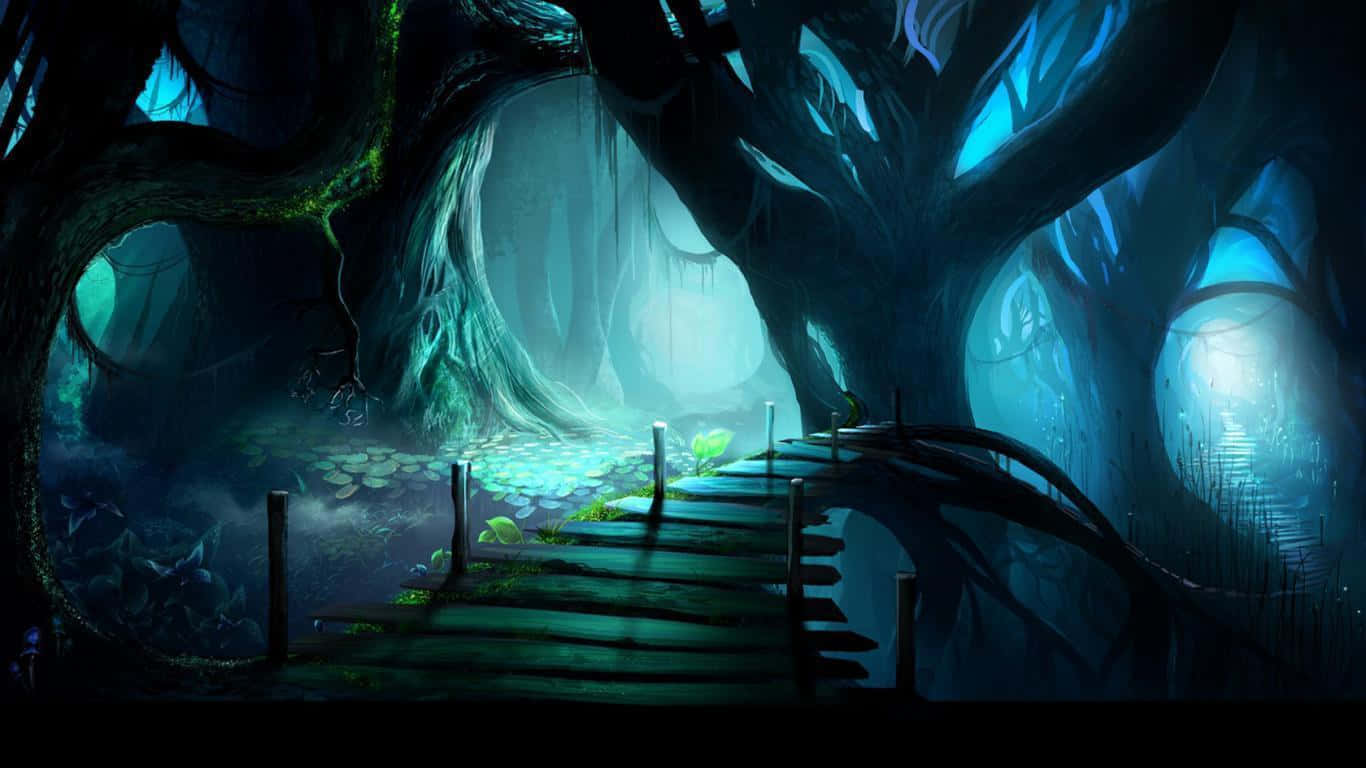 幽暗森林 1366x768 監視器背景 壁紙 — 一條神秘森林小徑蜿蜒穿過發光的藍色樹木，上方是霧氣籠罩的樹冠，空靈光線穿透而下。