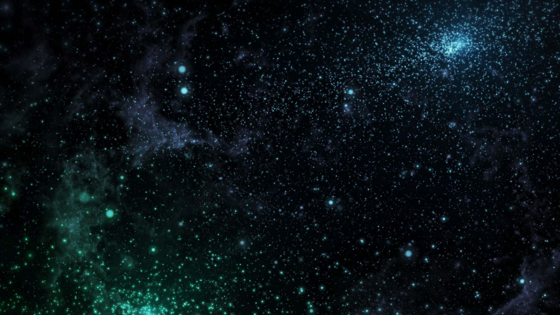 幽暗深空圖 壁紙 — 一片宇宙空間，充滿了發光的青綠色和藍色星星以及旋轉的星雲，背景是深邃的黑色虛空。