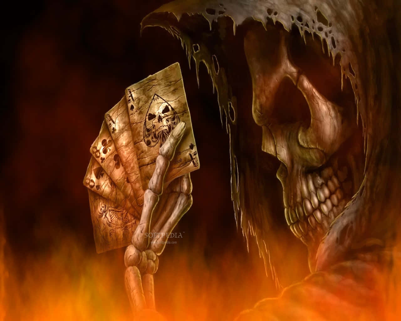死神在地獄烈火中手持撲克牌。