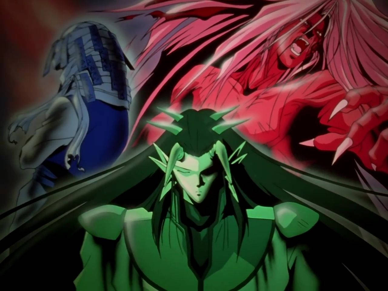 綠色皮膚動漫戰士面對紅色惡魔，藍色盔甲身影旁觀